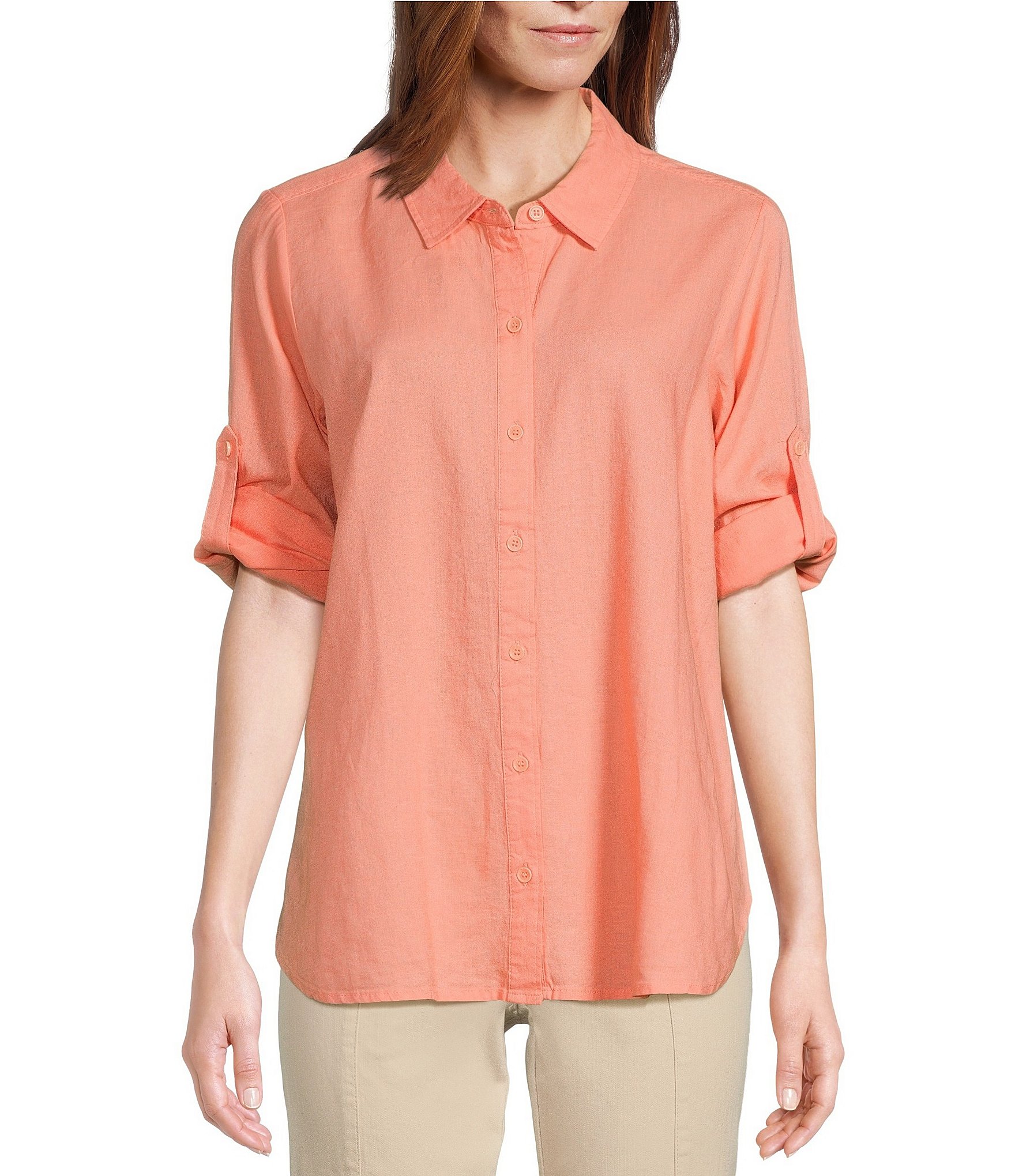 Intro Linen Blend Point Collar 3/4 RollTab Sleeve ButtonFront Shirt