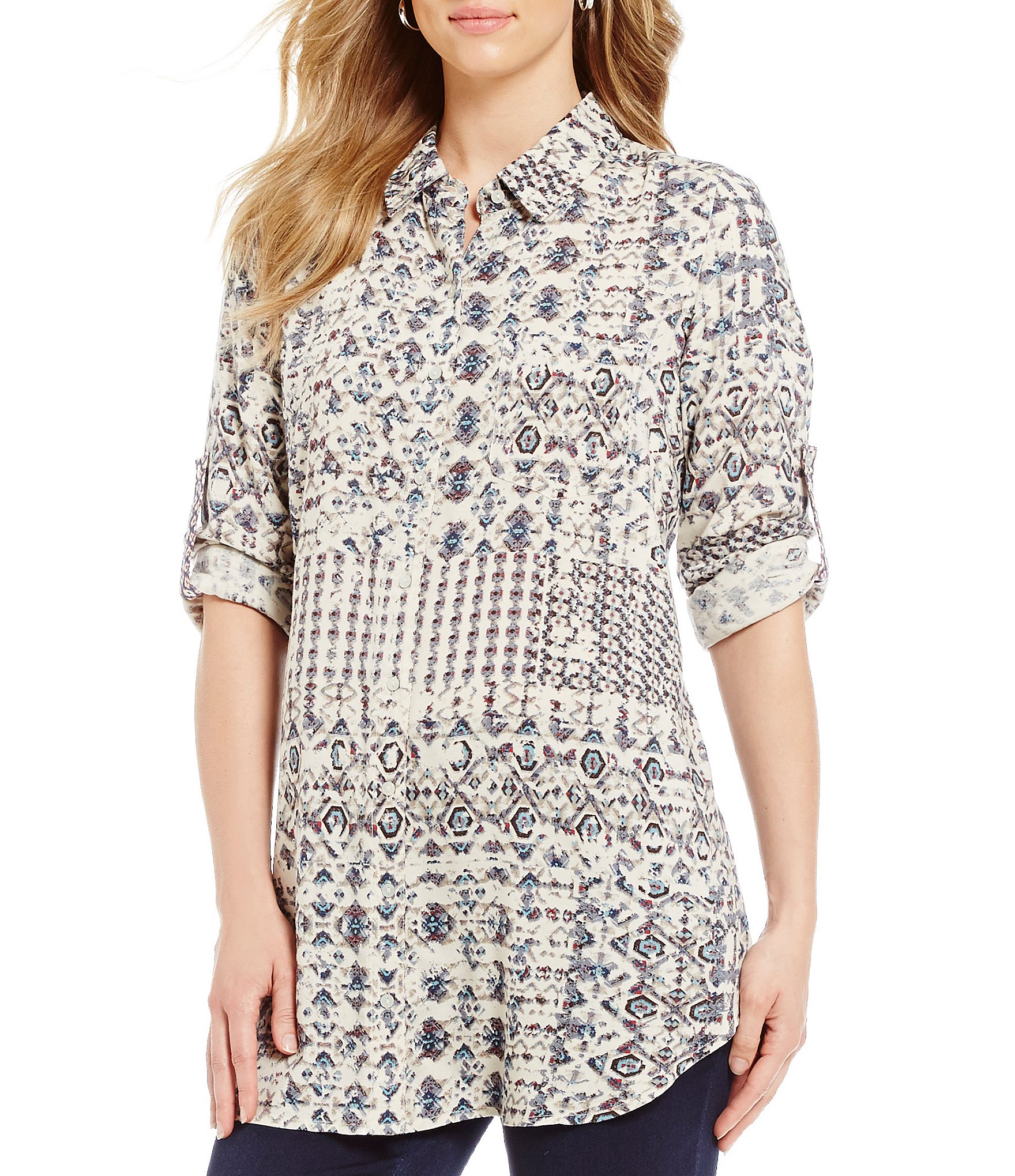 Roll Tab Sleeve Button Up Printed Tunic Shirt