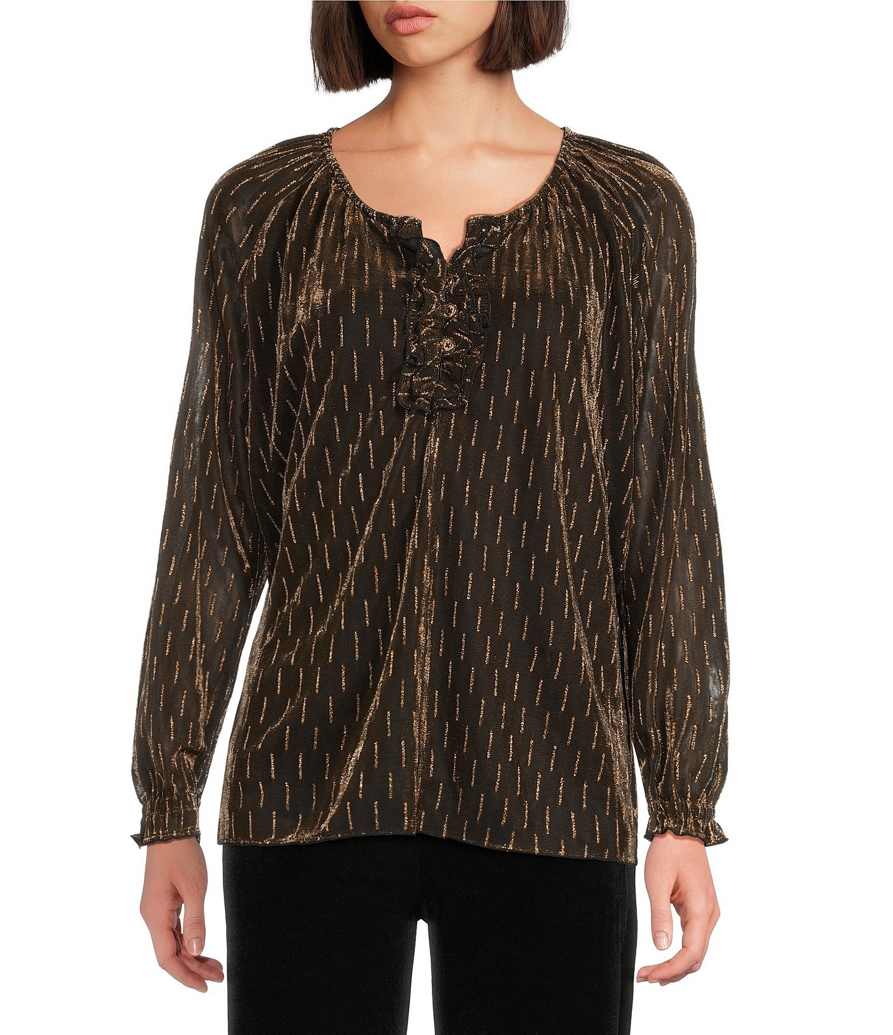 Intro Metallic Clip Dot Split V-Neck 3/4 Sleeve Ruffle Blouse