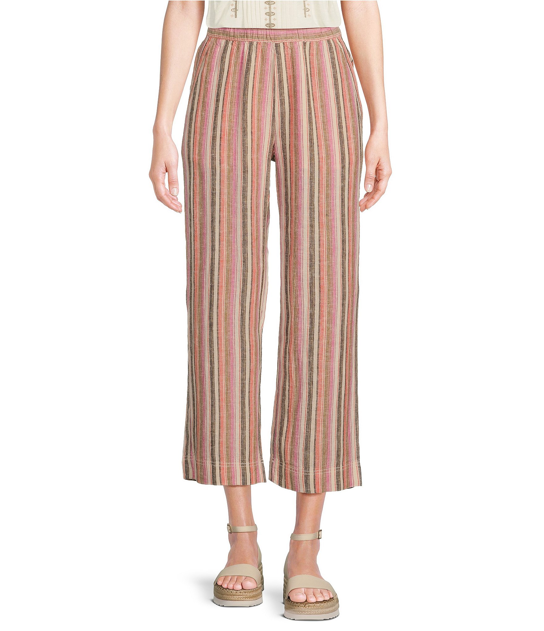 Intro Penny Linen-Blend Multi Stripe Print Relaxed Leg Pull-On Crop ...