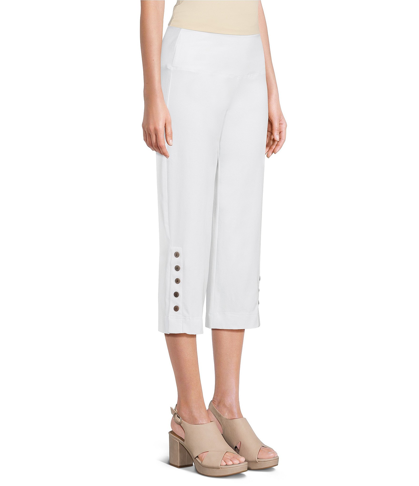 Intro Petite Size Aimee Solid Suave Knit Straight Leg Tummy Control Coconut Button Hem Pull-On Pants