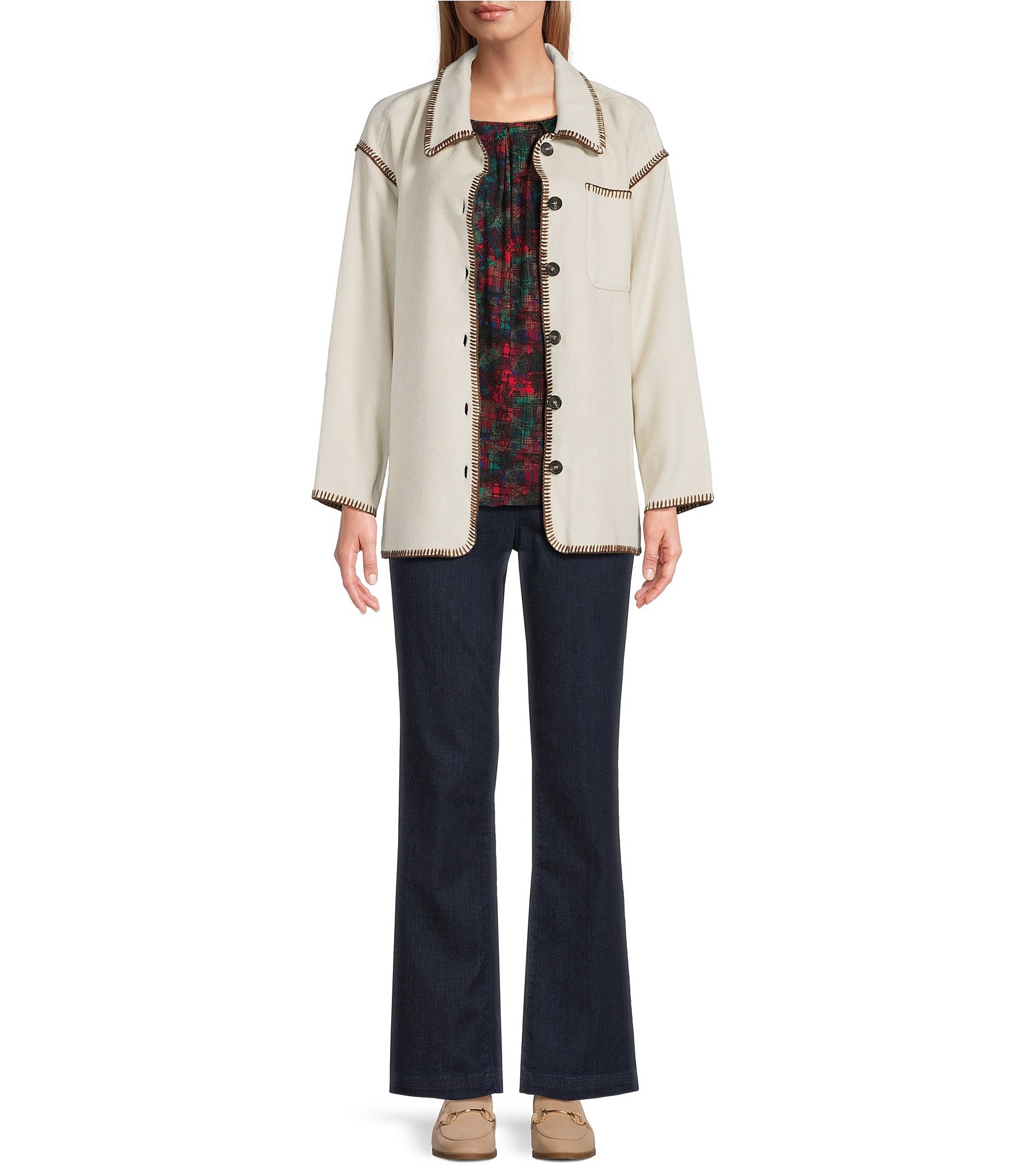 Intro Petite Size Embroidered Whipstitch Point Collar Long Sleeve Button Front Shirt Jacket