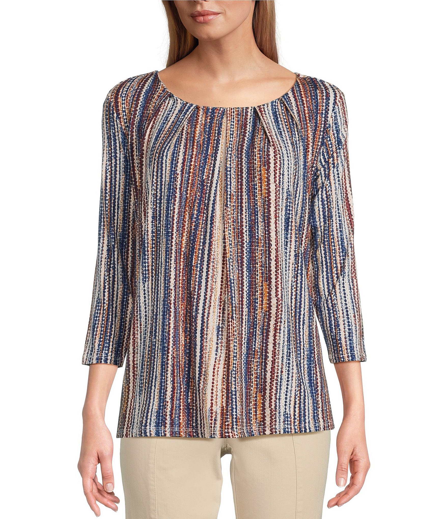 Intro Petite Size Knit Jersey Abstract Stripe 3/4 Sleeve Pleated Neck Tee