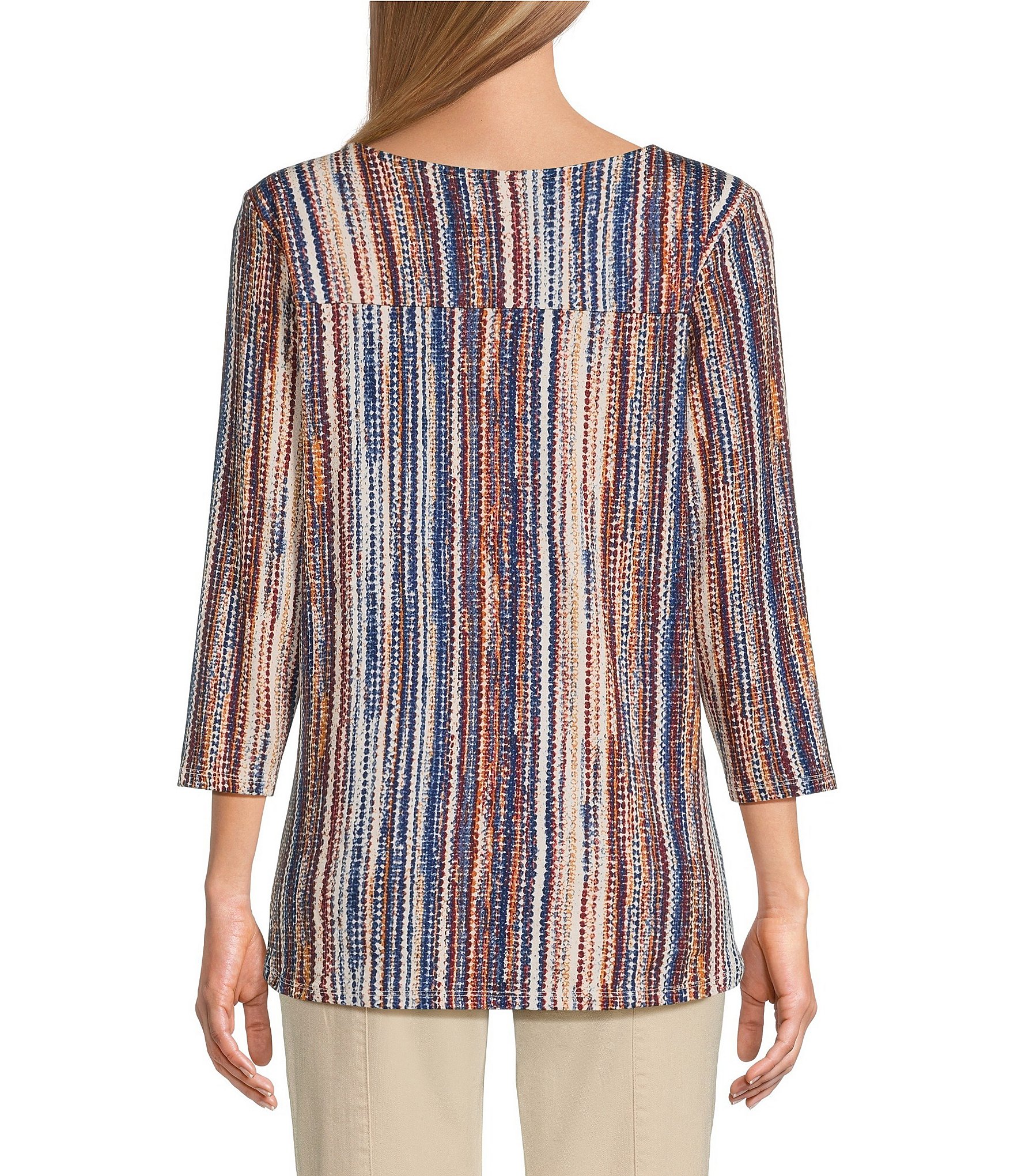 Intro Petite Size Knit Jersey Abstract Stripe 3/4 Sleeve Pleated Neck Tee