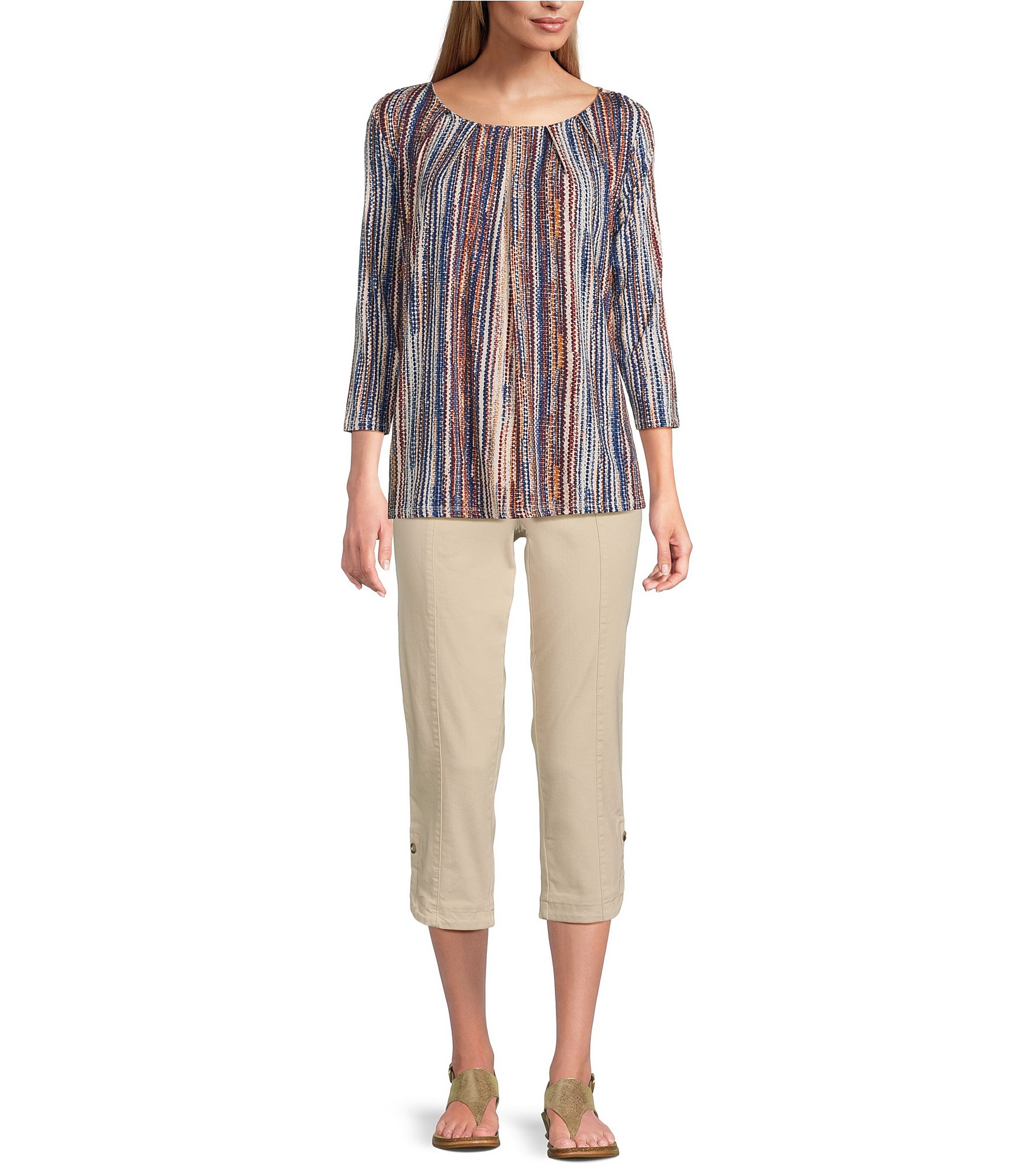 Intro Petite Size Knit Jersey Abstract Stripe 3/4 Sleeve Pleated Neck Tee