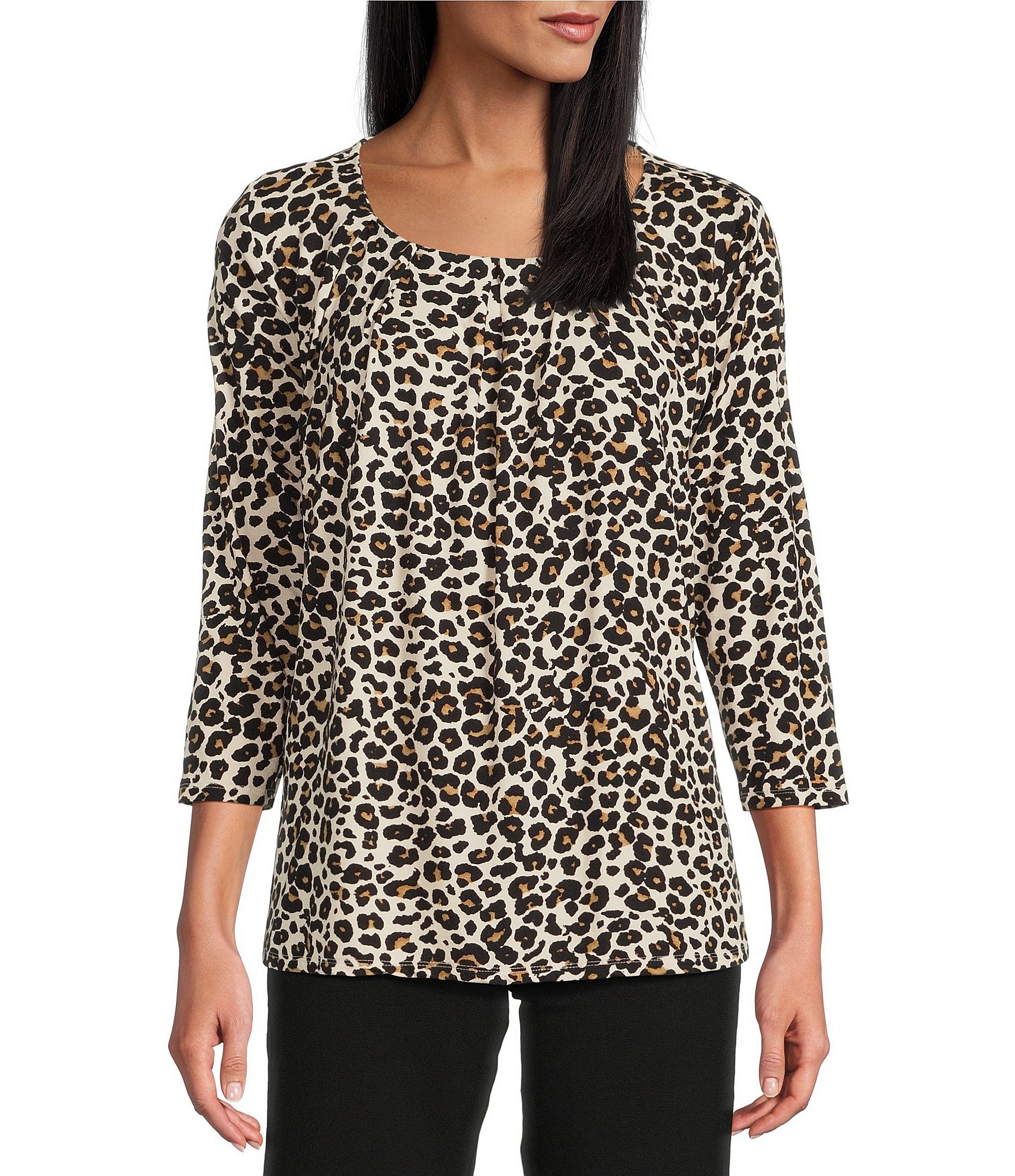 Intro Petite Size Knit Jersey Animal Print 3/4 Sleeve Pleated Neck Tee