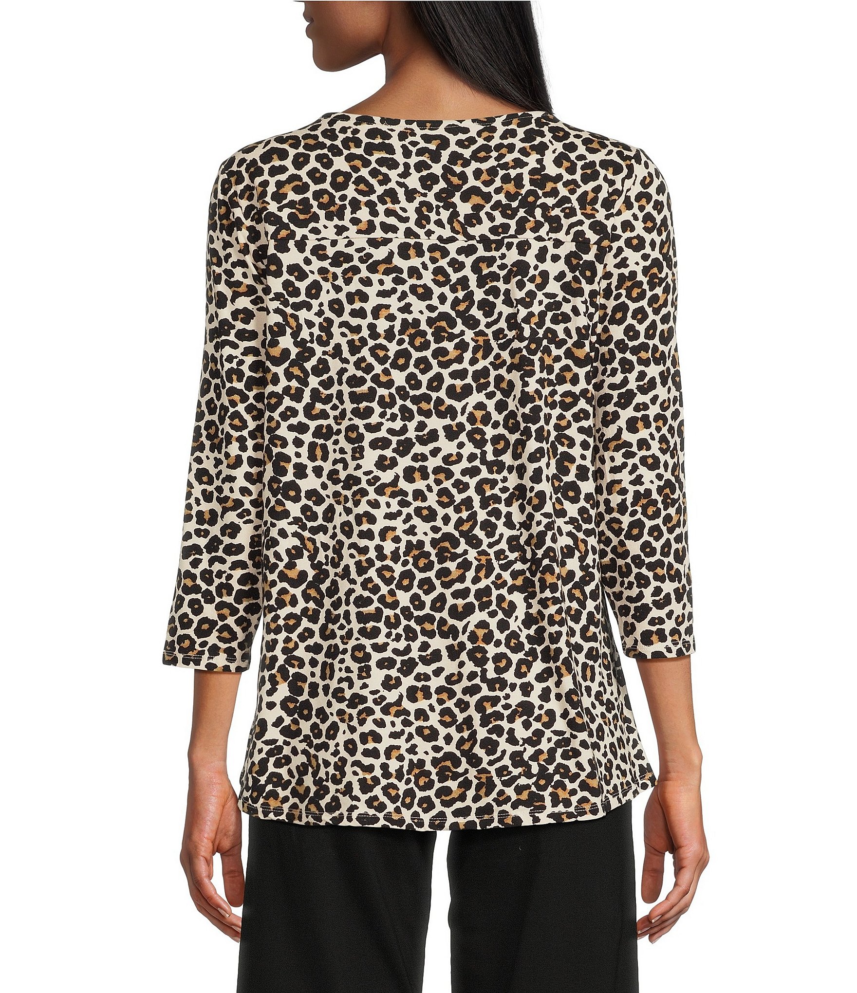 Intro Petite Size Knit Jersey Animal Print 3/4 Sleeve Pleated Neck Tee