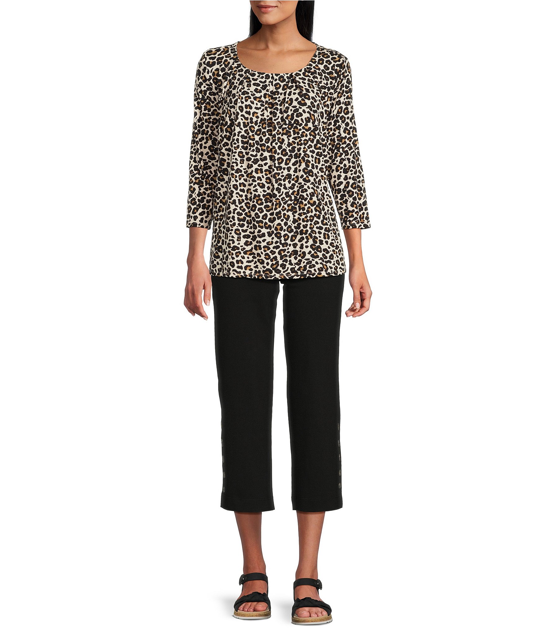 Intro Petite Size Knit Jersey Animal Print 3/4 Sleeve Pleated Neck Tee