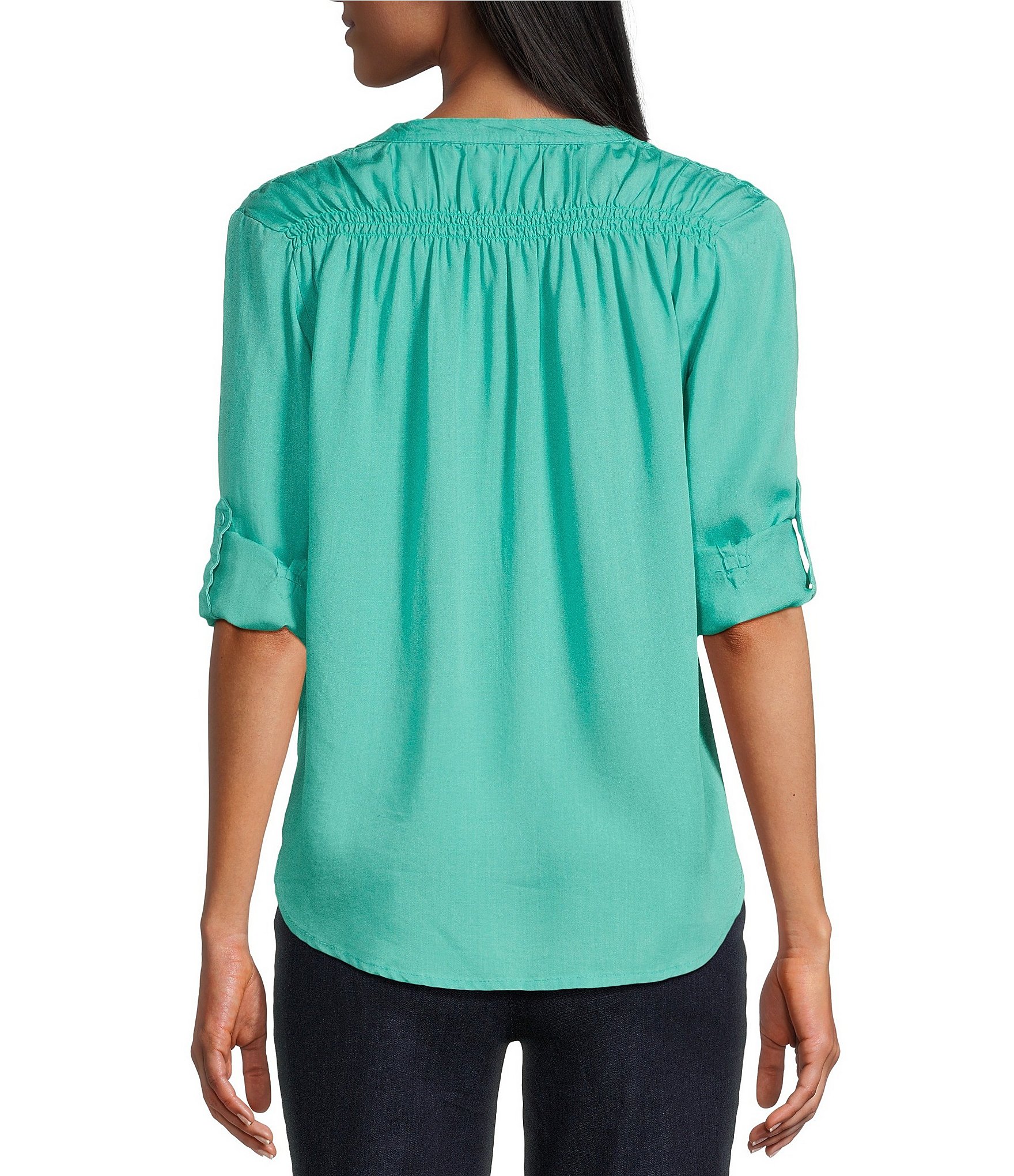 Intro Petite Size Lyocell Slub Long Roll-Tab Sleeve Shirred Popover Top