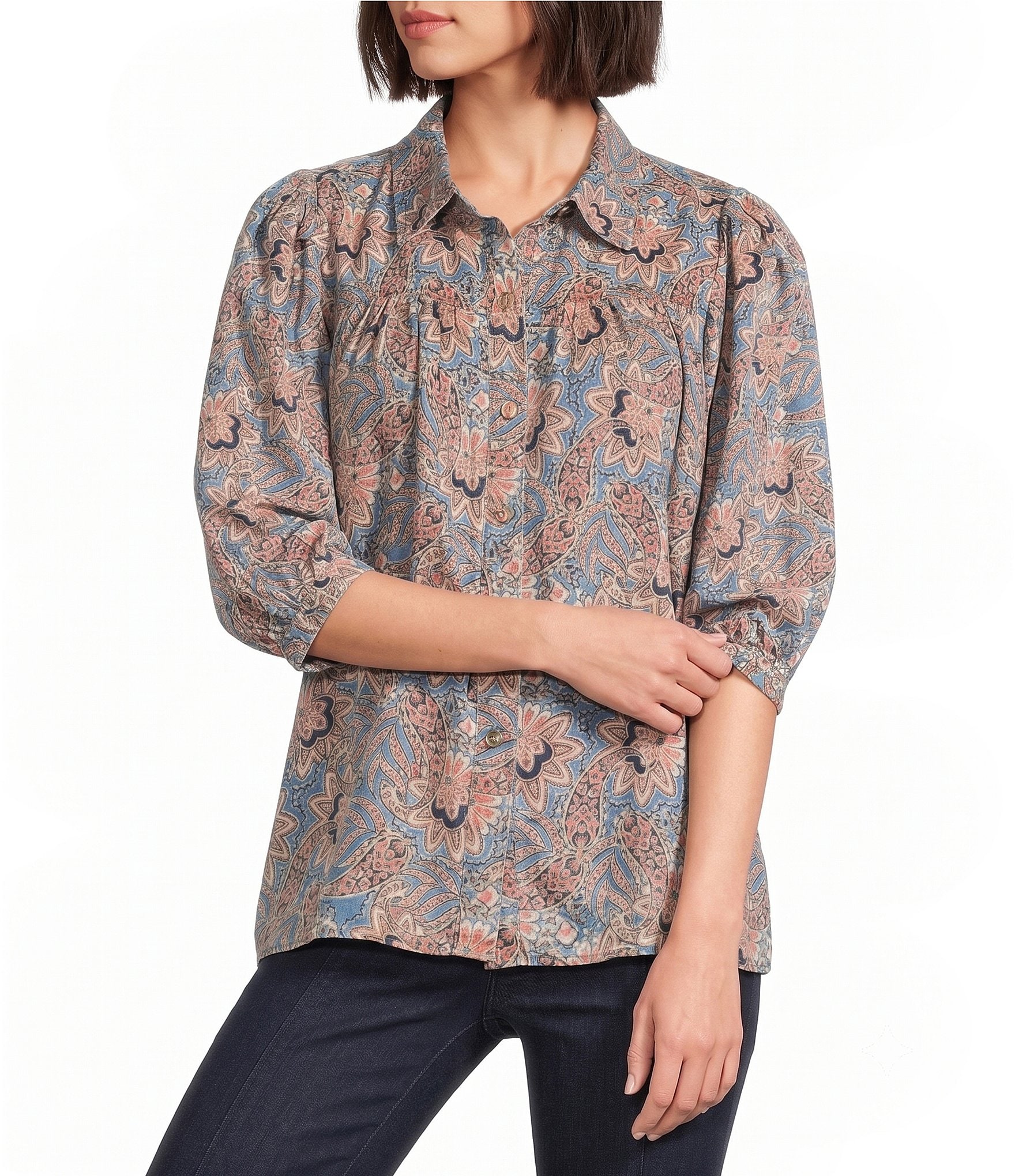 Intro Petite Size Woven Floral Printed Point Collar Long Sleeve Button Front Placket Blouse