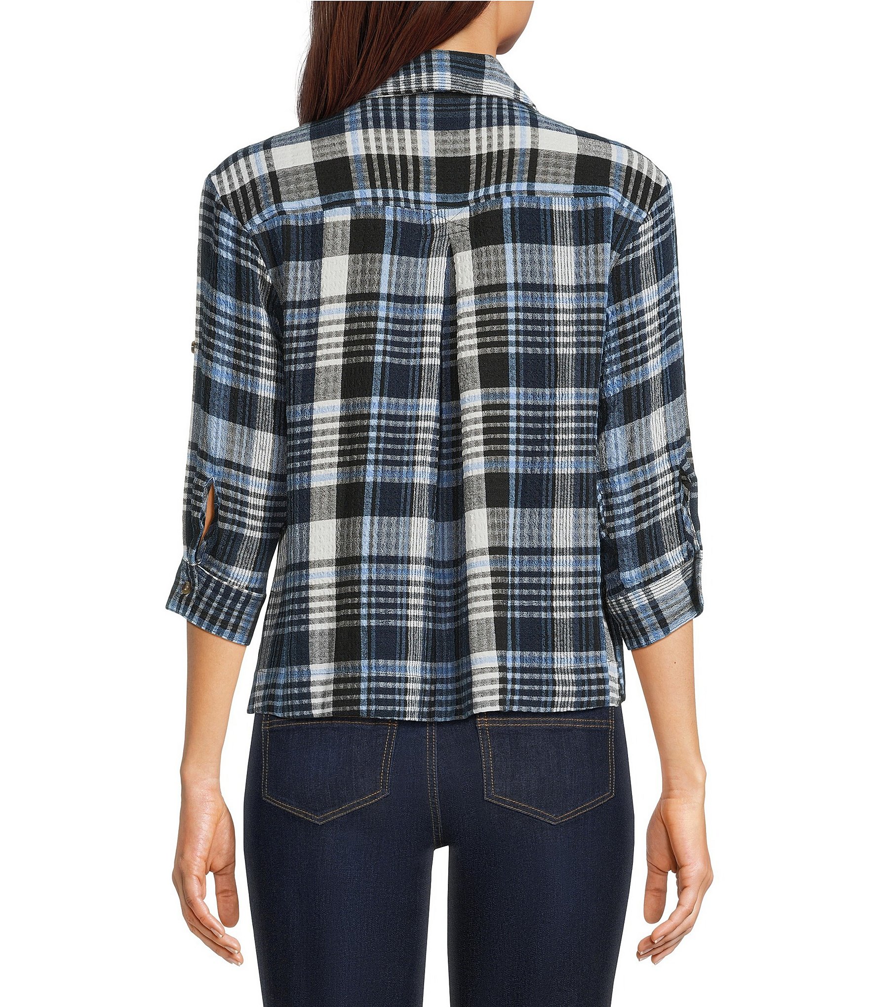 Intro Petite Size Woven Point Navy Beat Plaid Print Collar Long Roll-Tab Sleeve Button-Front Denim Shirt