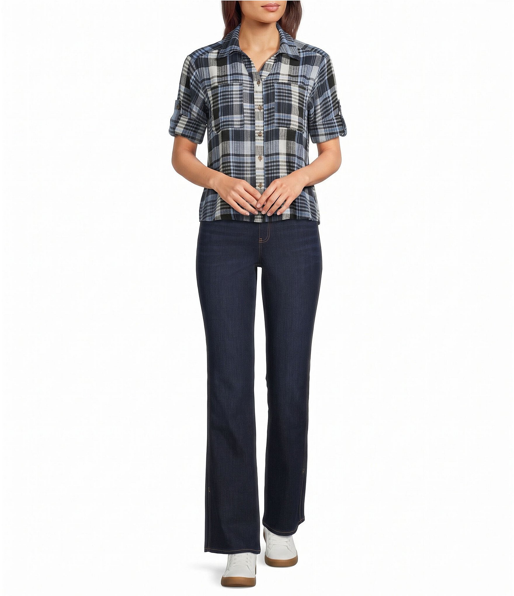 Intro Petite Size Woven Point Navy Beat Plaid Print Collar Long Roll-Tab Sleeve Button-Front Denim Shirt