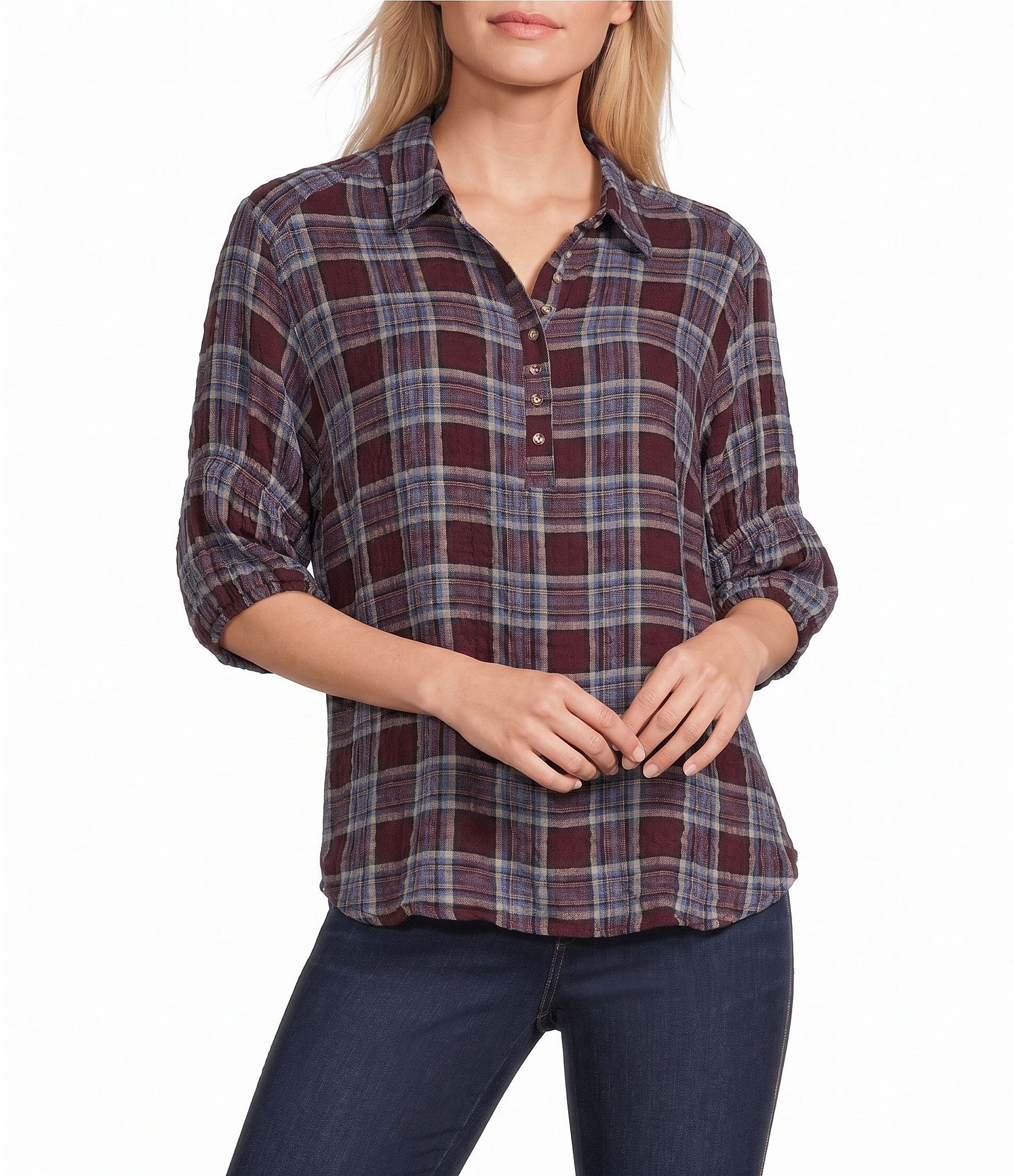 Intro Petite Size Woven Point Navy Beat Plaid Print Collar Long Roll-Tab Sleeve Button-Front Denim Shirt