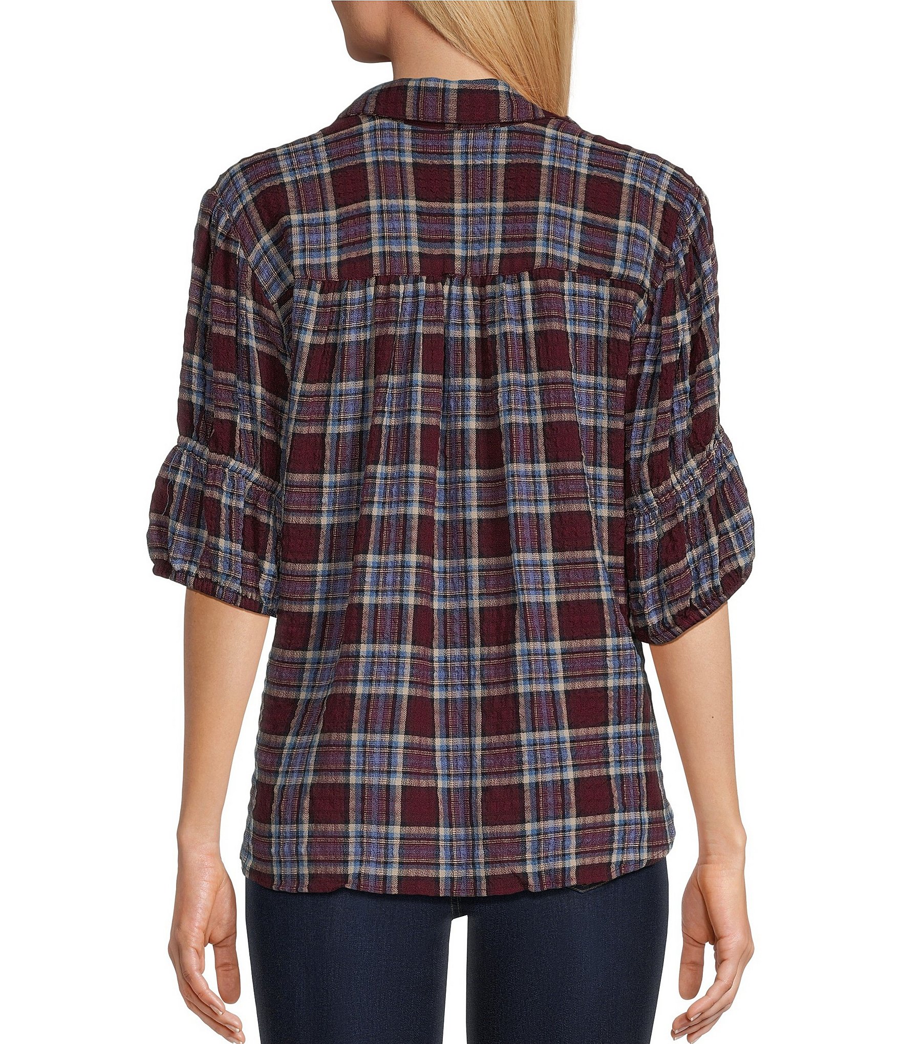 Intro Petite Size Woven Point Navy Beat Plaid Print Collar Long Roll-Tab Sleeve Button-Front Denim Shirt