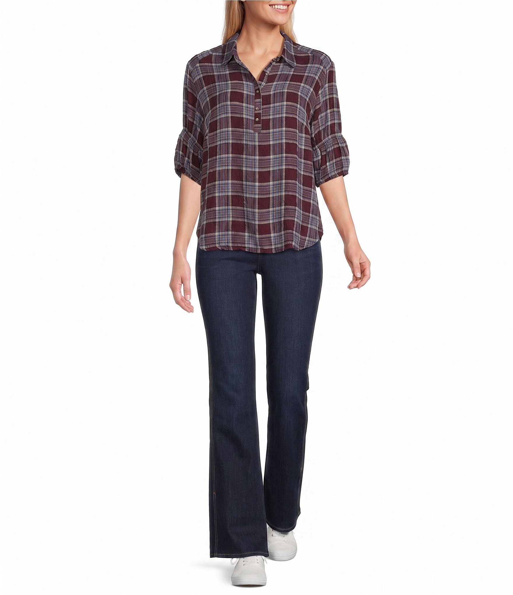 Intro Petite Size Woven Point Navy Beat Plaid Print Collar Long Roll-Tab Sleeve Button-Front Denim Shirt