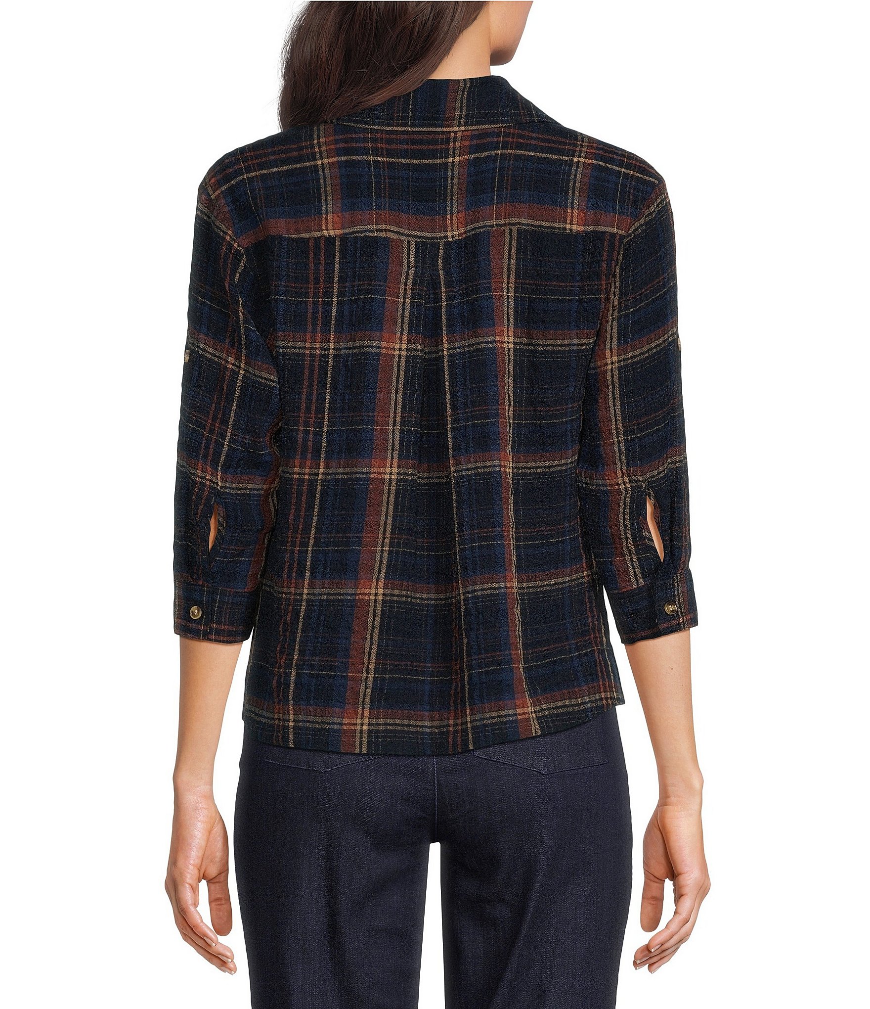 Intro Petite Size Woven Navy Beat Plaid Print Point Collar Long Roll-Tab Sleeve Button-Front Shirt