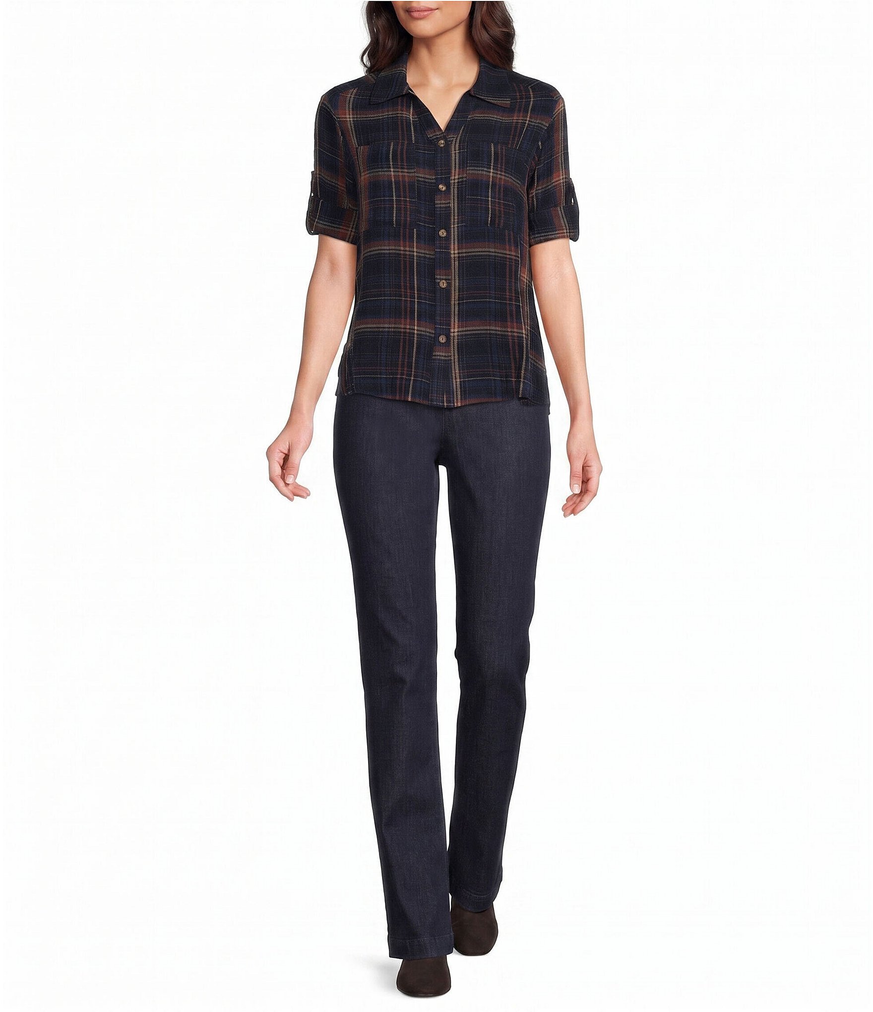 Intro Petite Size Woven Navy Beat Plaid Print Point Collar Long Roll-Tab Sleeve Button-Front Shirt