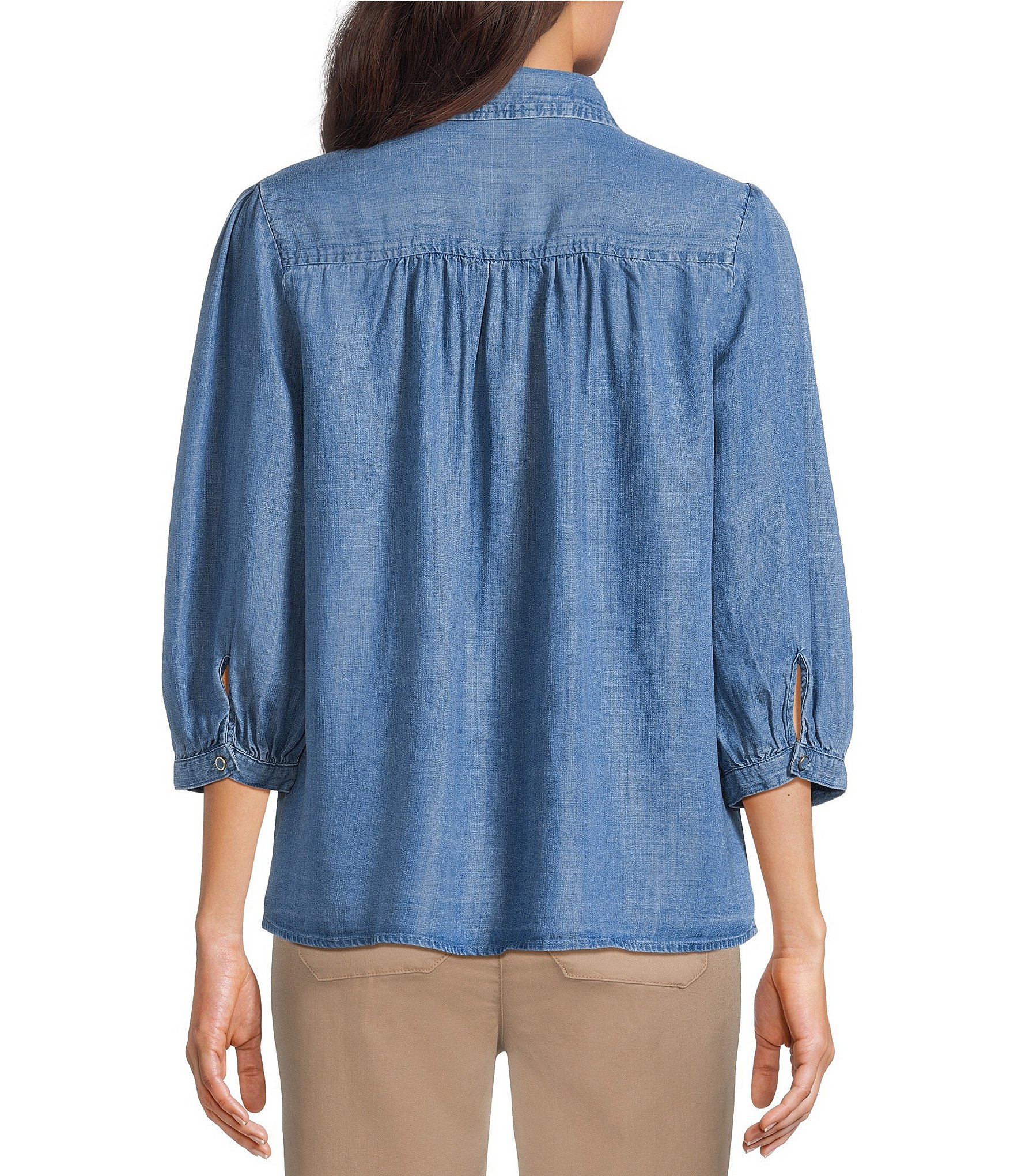 Intro Petite Size Woven Printed Point Collar 3/4 Sleeve Button Front Placket Blouse