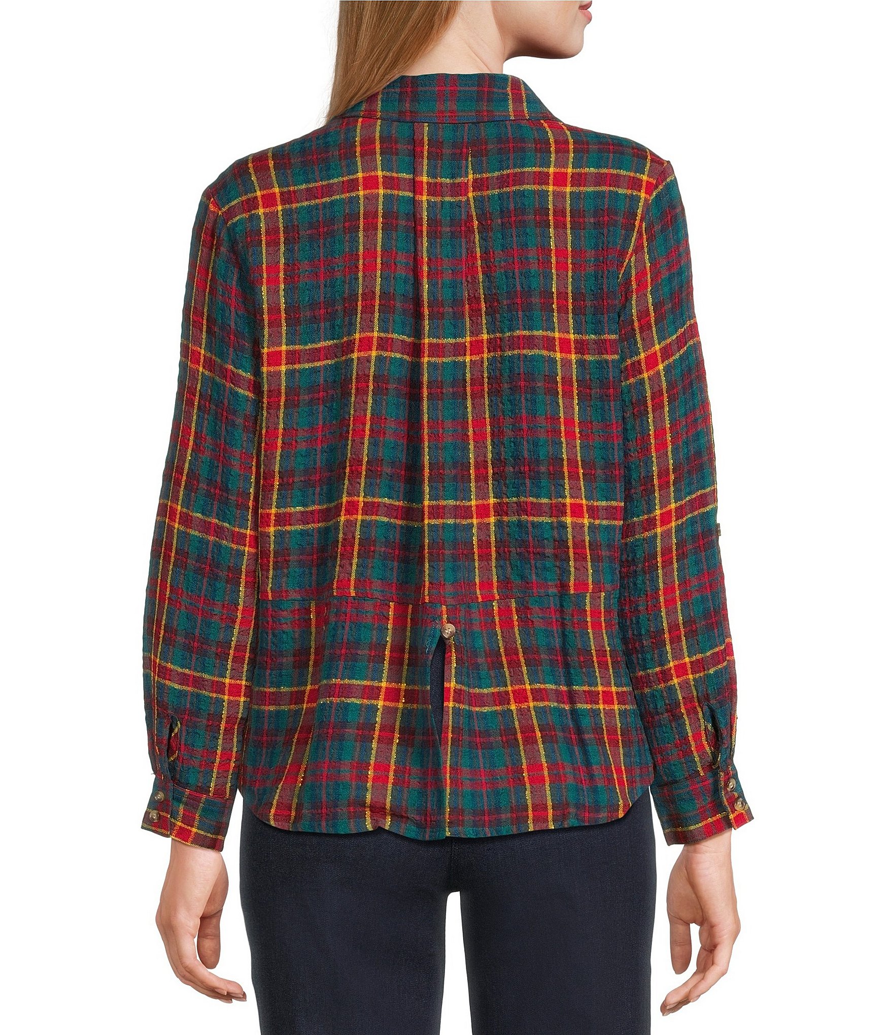 Intro Petite Size Woven Pucker Plaid New Red Admore Point Collar 3/4 Rolled-Tab Sleeve Button-Front Shirt