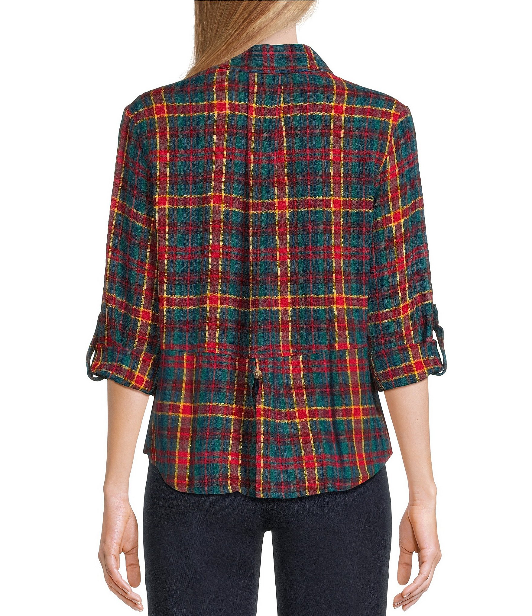 Intro Petite Size Woven Pucker Plaid New Red Admore Point Collar 3/4 Rolled-Tab Sleeve Button-Front Shirt
