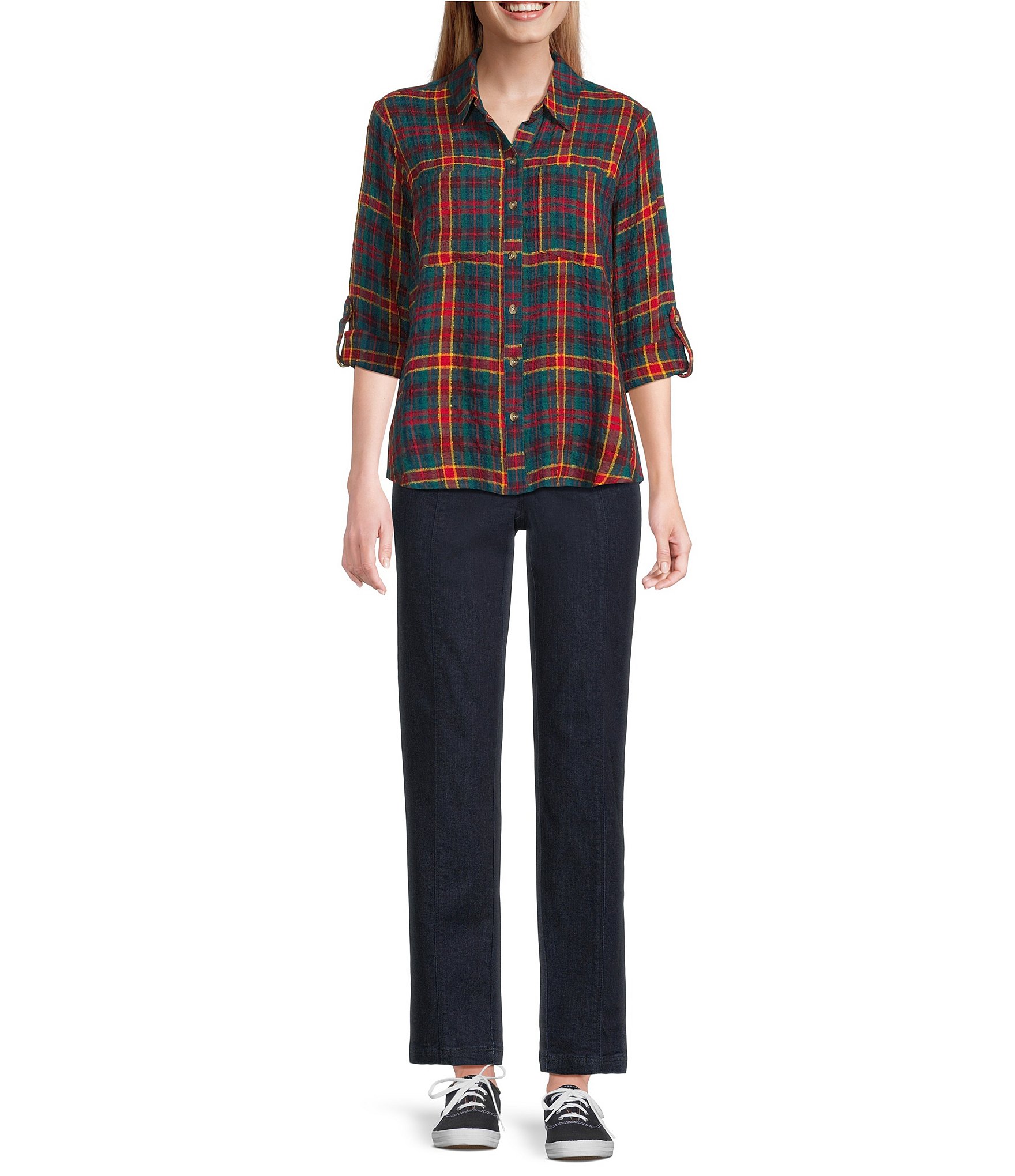 Intro Petite Size Woven Pucker Plaid New Red Admore Point Collar 3/4 Rolled-Tab Sleeve Button-Front Shirt