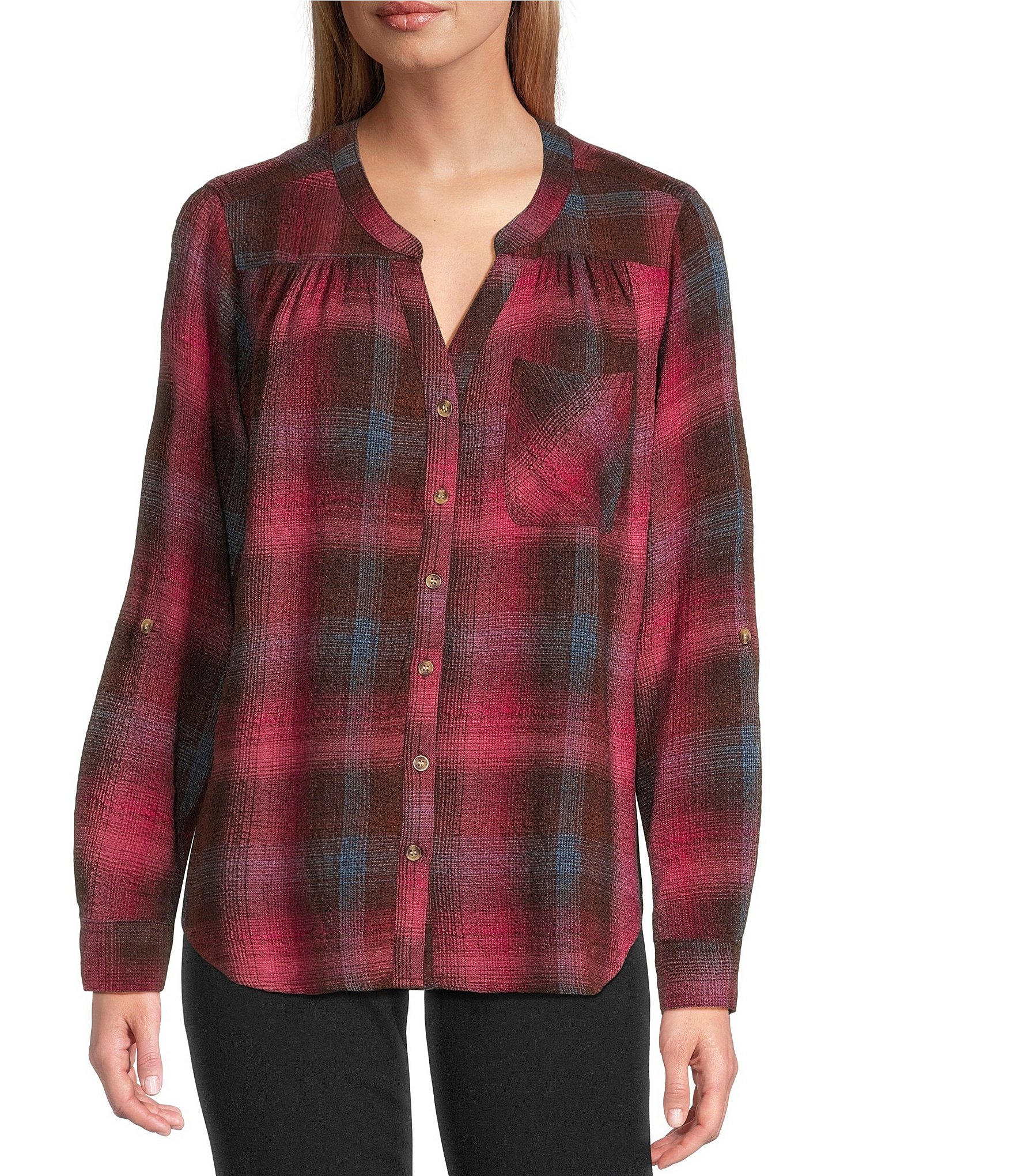 Intro Petite Size Woven Red Bud Band Plaid V-Neck Long Roll-Tab Sleeve Button Front Blouse