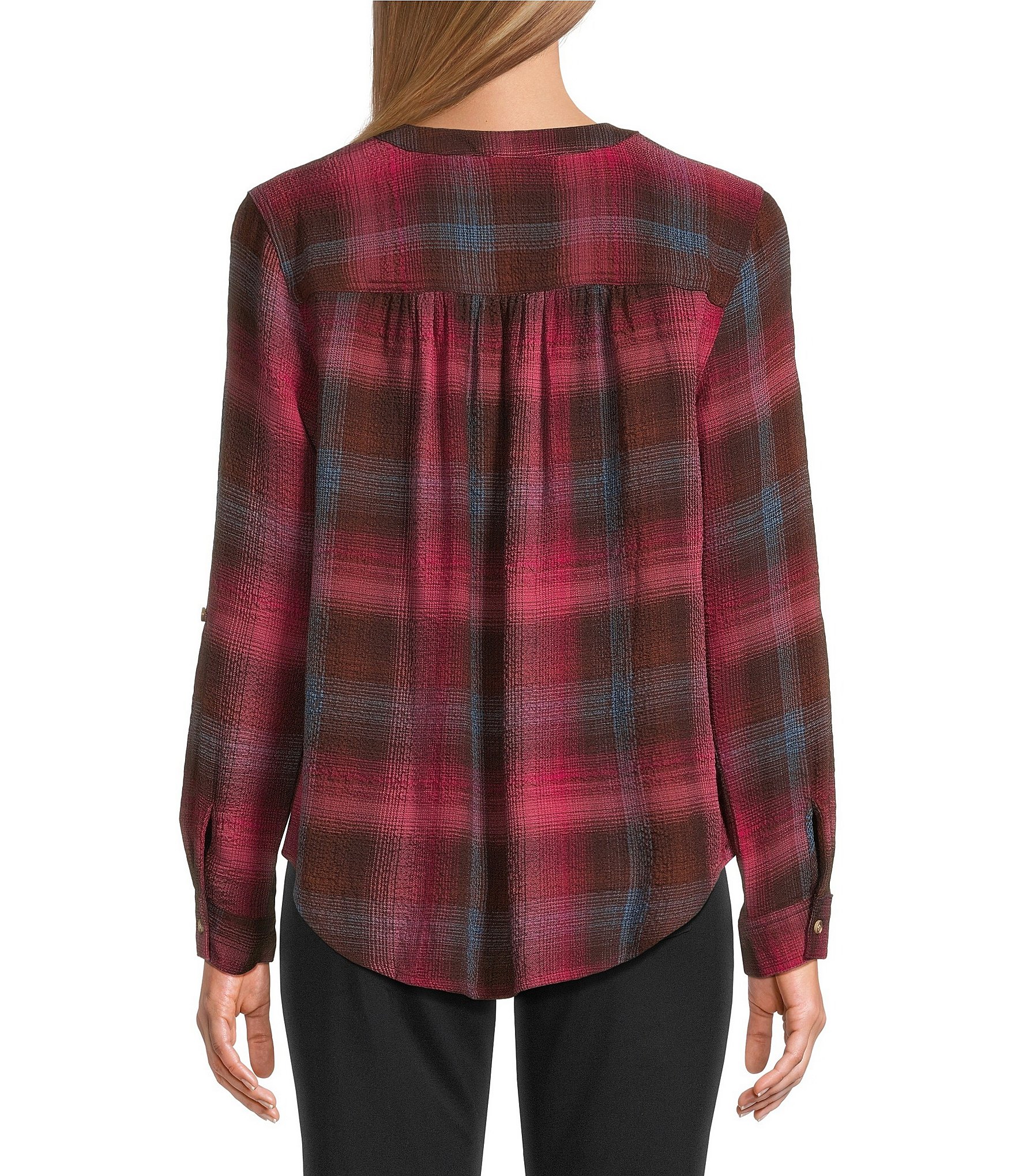 Intro Petite Size Woven Red Bud Band Plaid V-Neck Long Roll-Tab Sleeve Button Front Blouse
