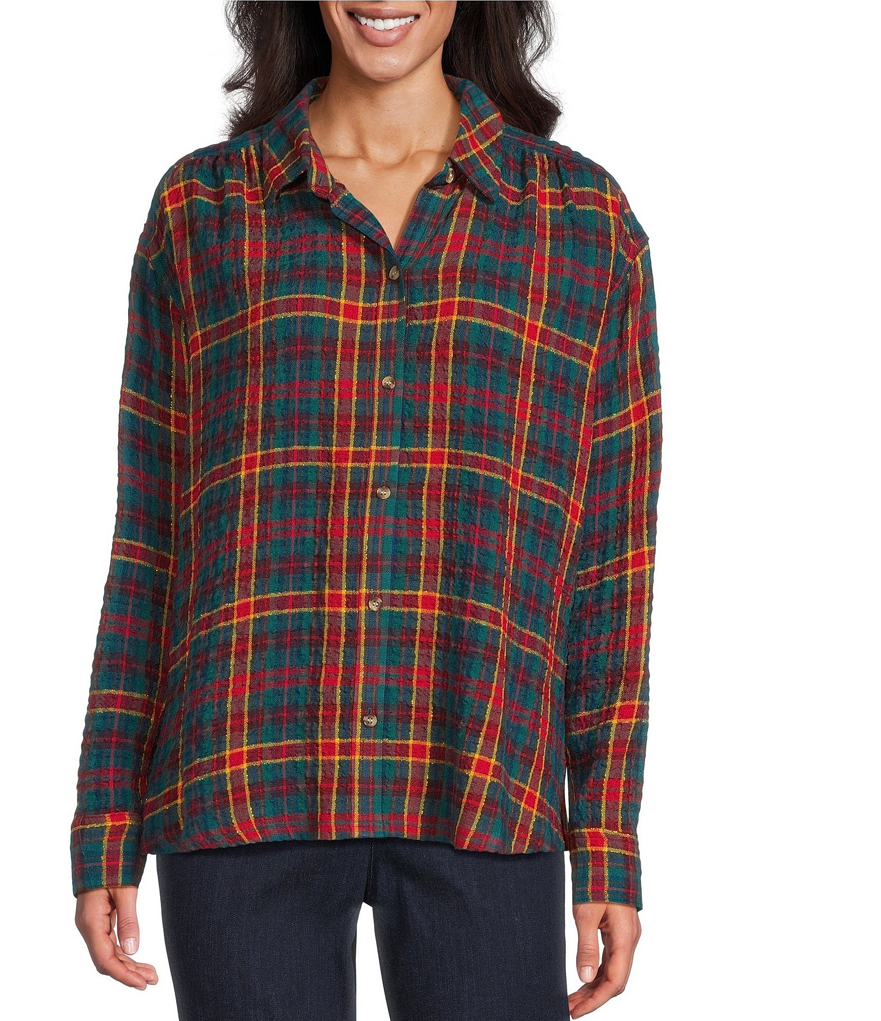 Intro Plaid Print Gold Lurex Detail Long Roll-Tab Sleeve Button Down Swing Shirt