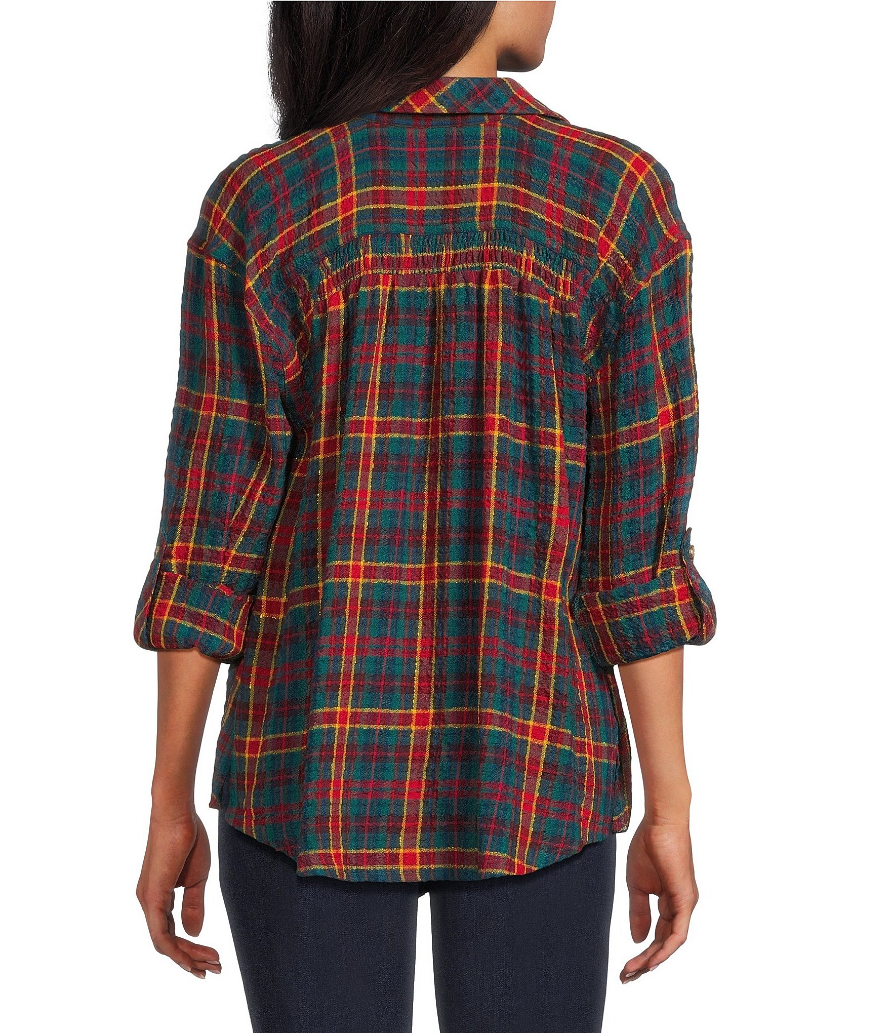 Intro Plaid Print Gold Lurex Detail Long Roll-Tab Sleeve Button Down Swing Shirt