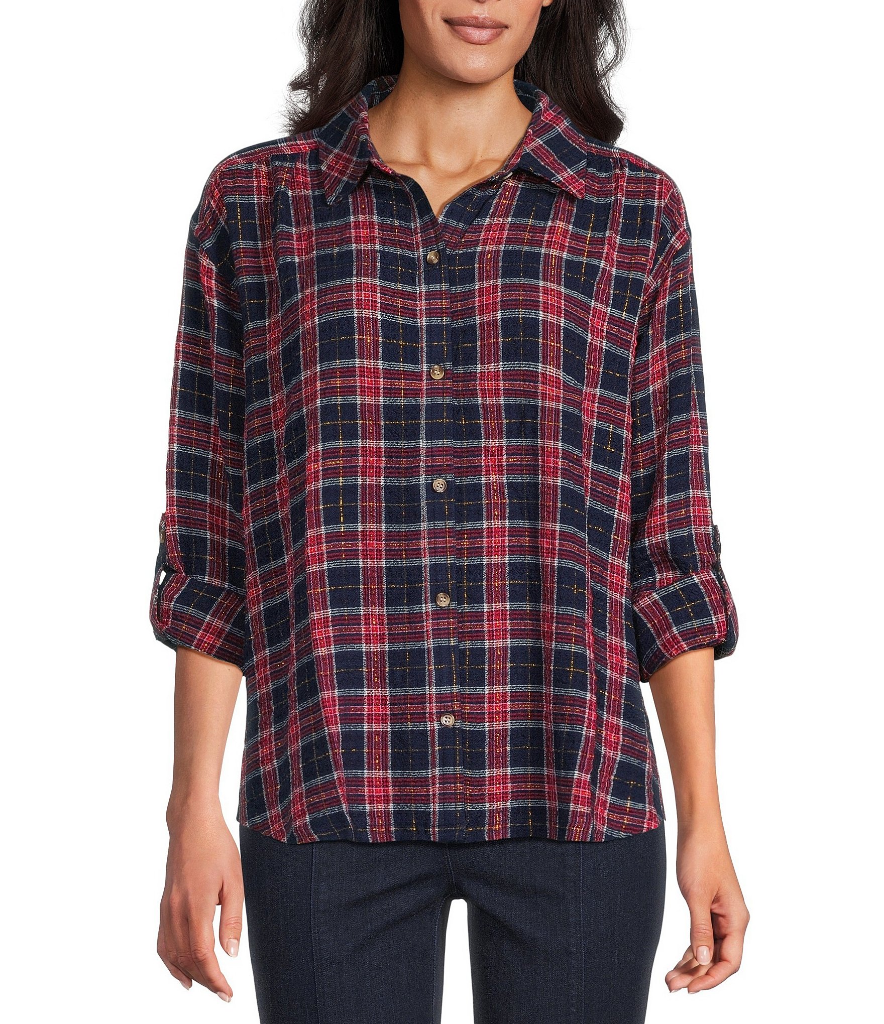 Intro Plaid Print Long Roll-Tab Sleeve Button Down Swing Shirt