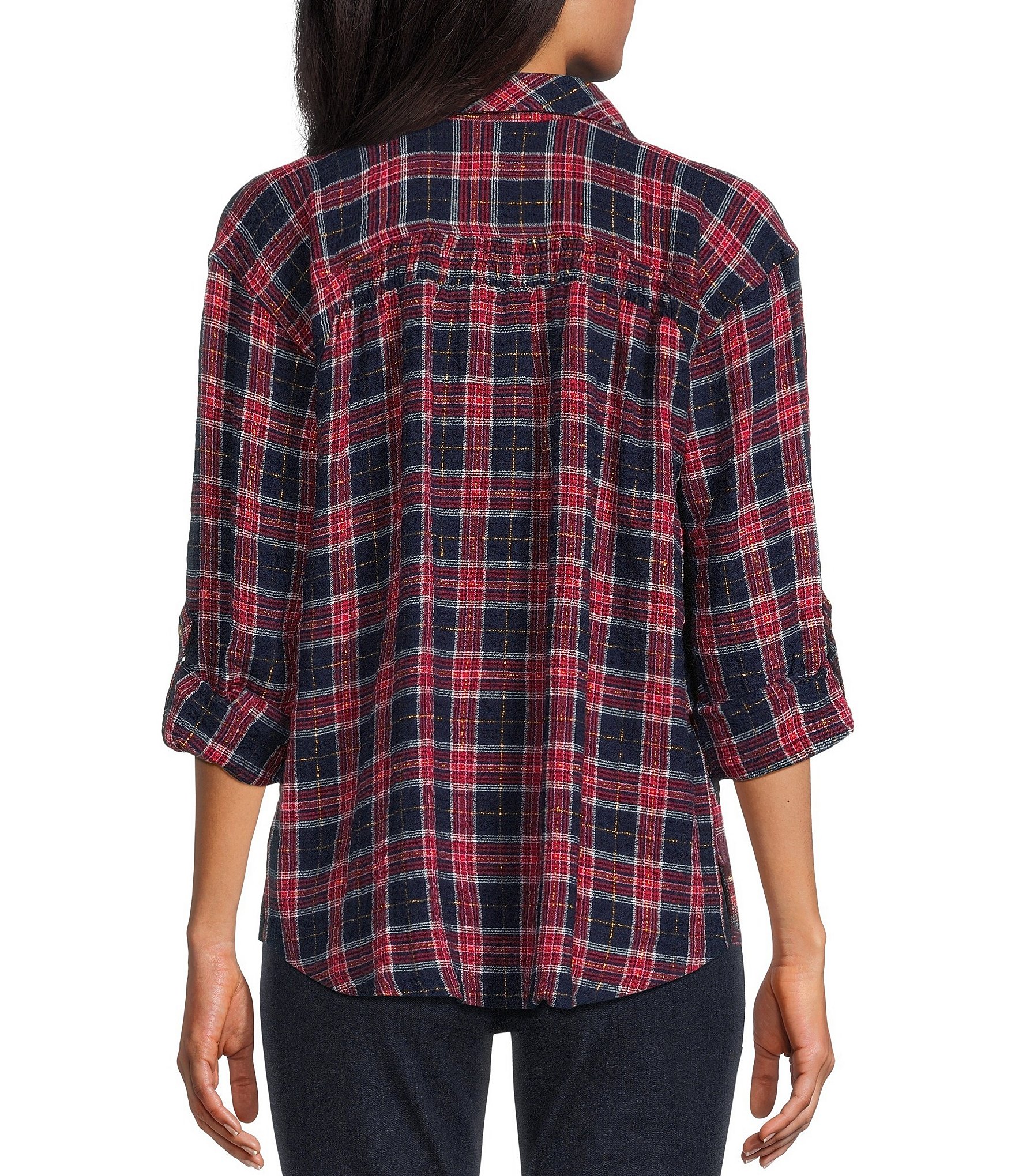 Intro Plaid Print Long Roll-Tab Sleeve Button Down Swing Shirt