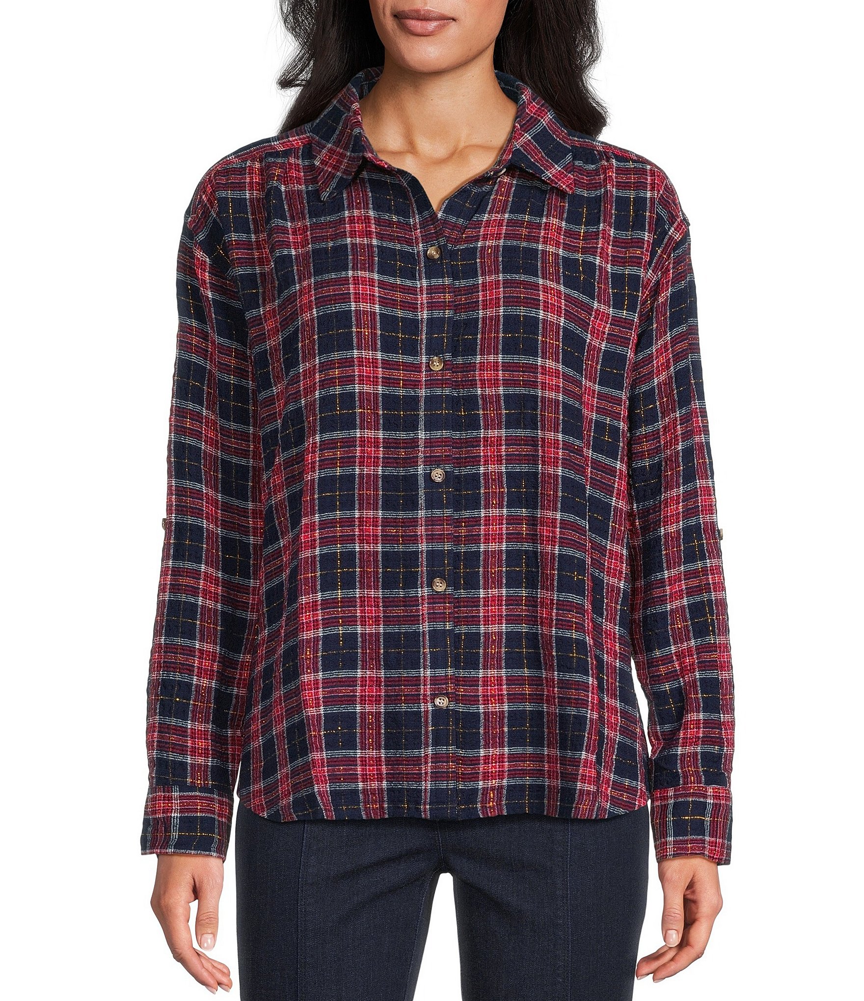Intro Plaid Print Long Roll-Tab Sleeve Button Down Swing Shirt