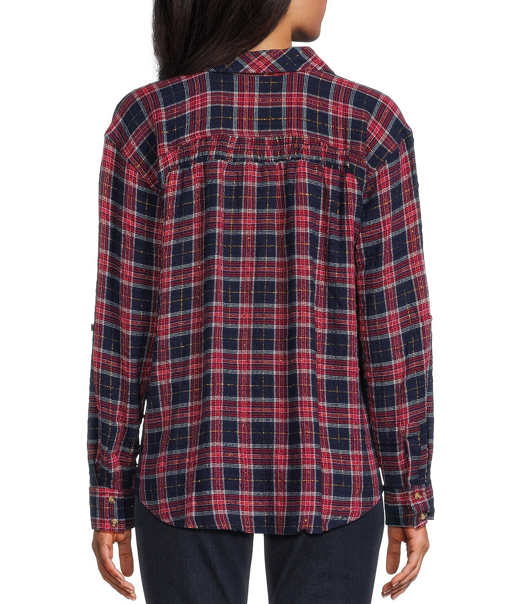Intro Plaid Print Long Roll-Tab Sleeve Button Down Swing Shirt