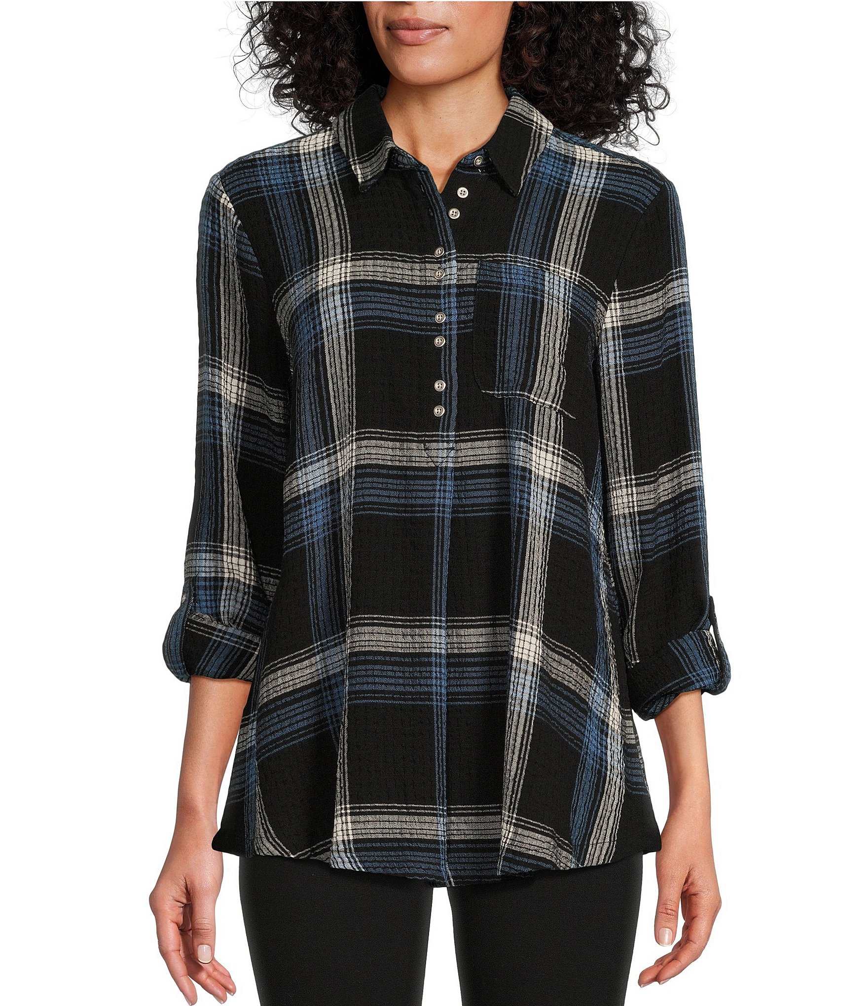 Intro Plaid Print Woven Point Collar Roll-Tab Sleeve A-Line Swing ...