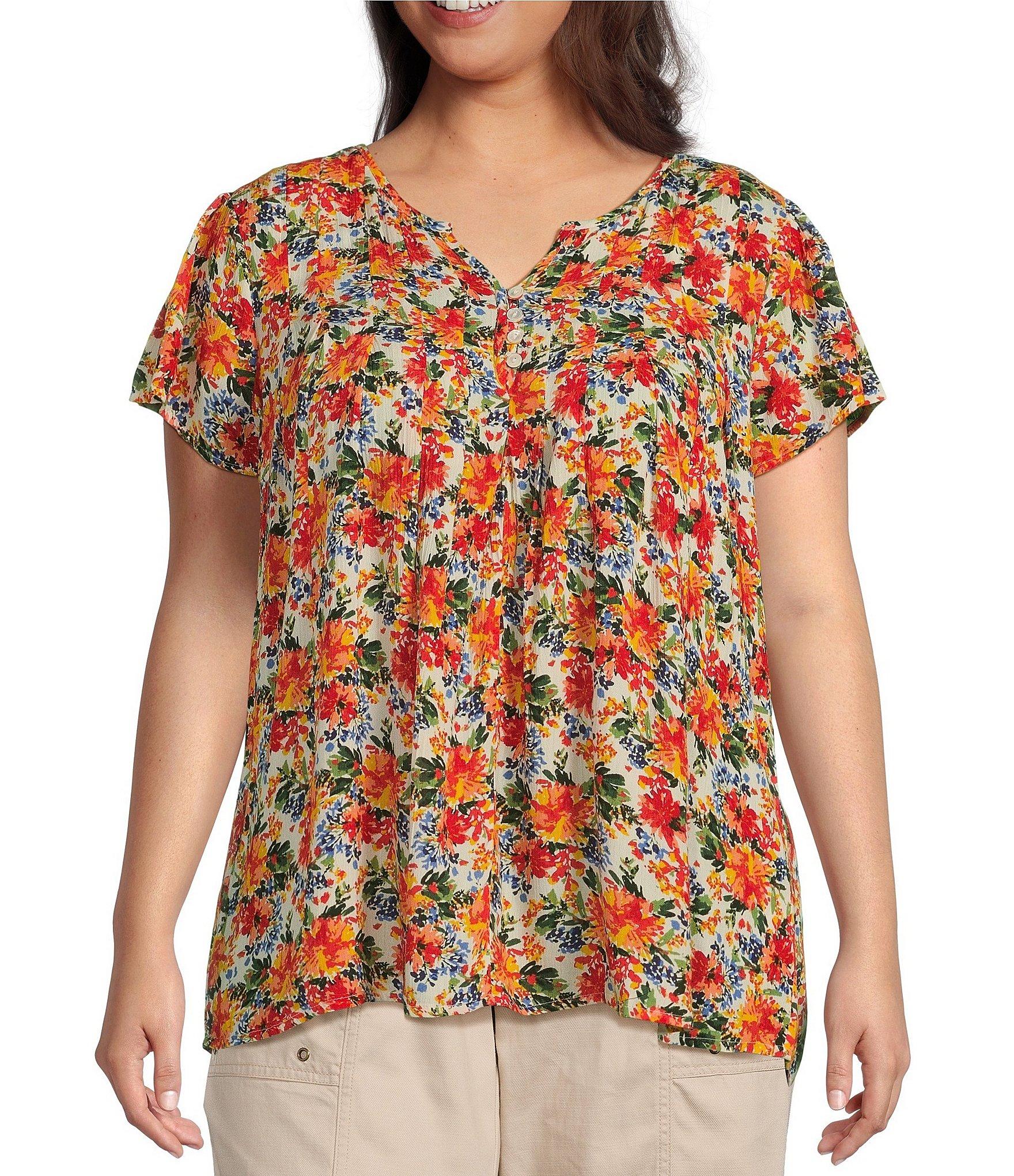 Intro Plus Size Coral Floral Print Crinkle Gauze Split Neck Short ...
