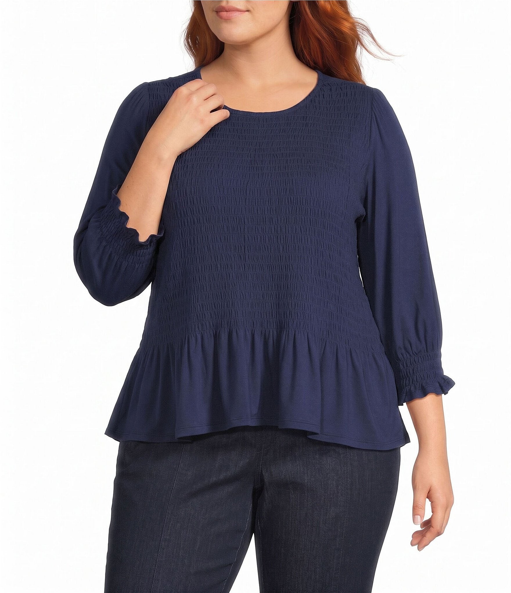 Intro Plus Size Crew Neck 3/4 Sleeve Peplum Top