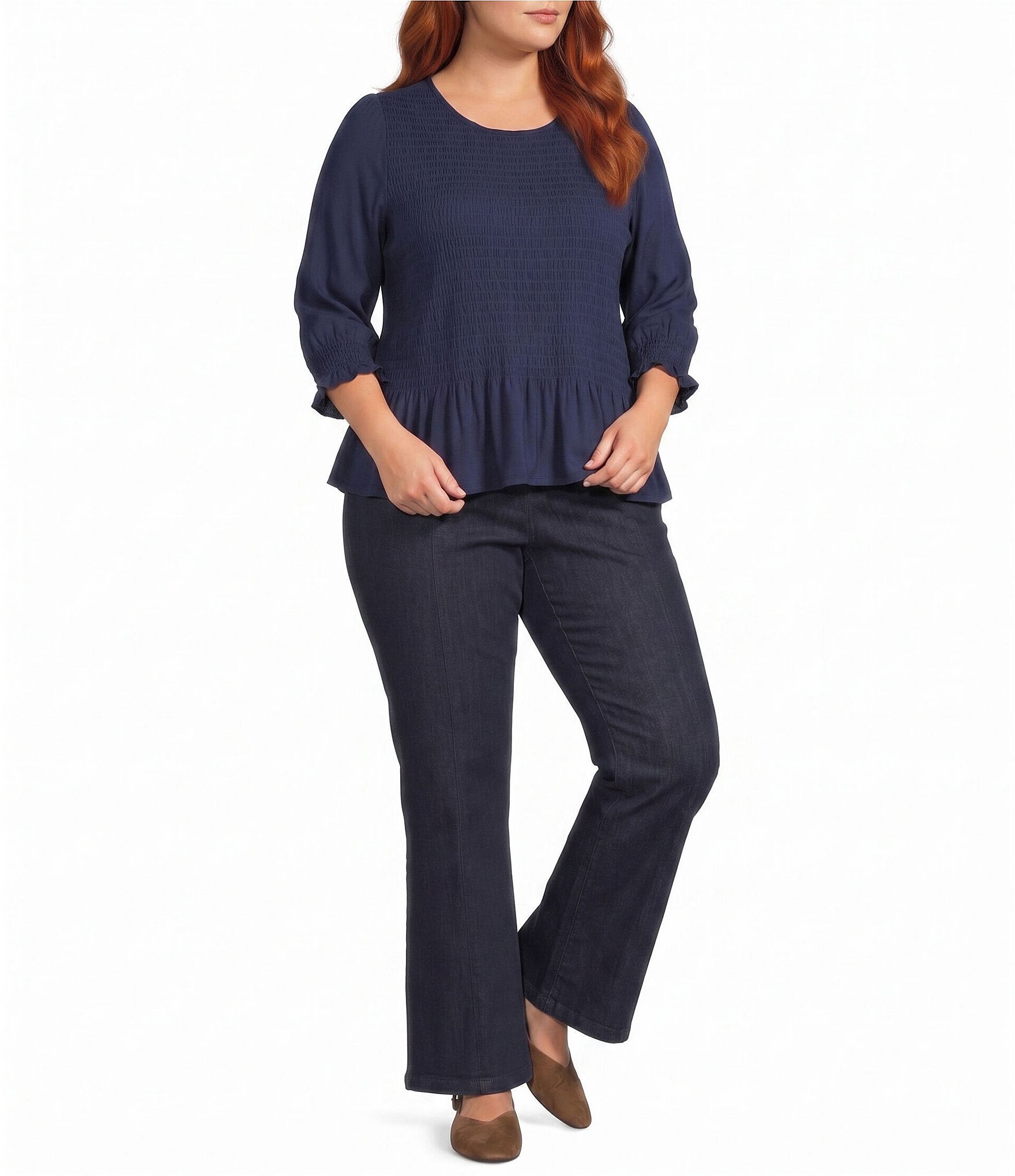 Intro Plus Size Crew Neck 3/4 Sleeve Peplum Top