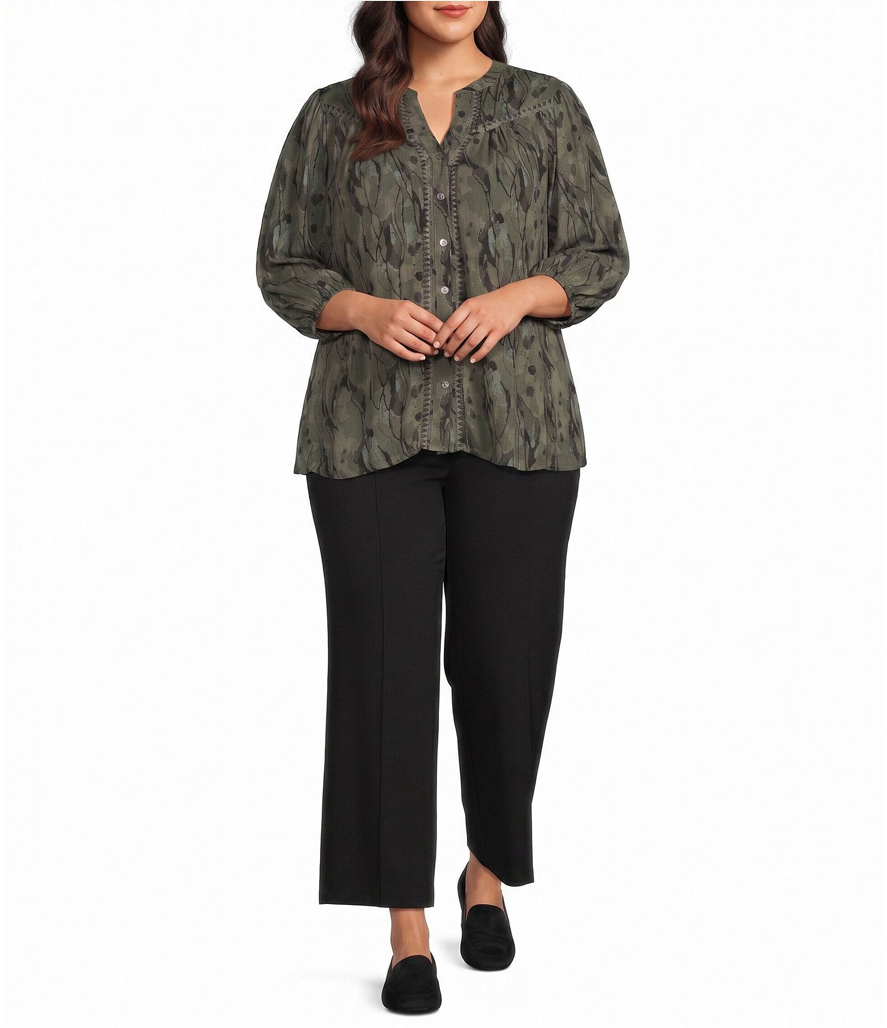 Intro Plus Size Crinkle Gauze Olive Sprig Banded Y Neck 3/4 Sleeve Button Front Top