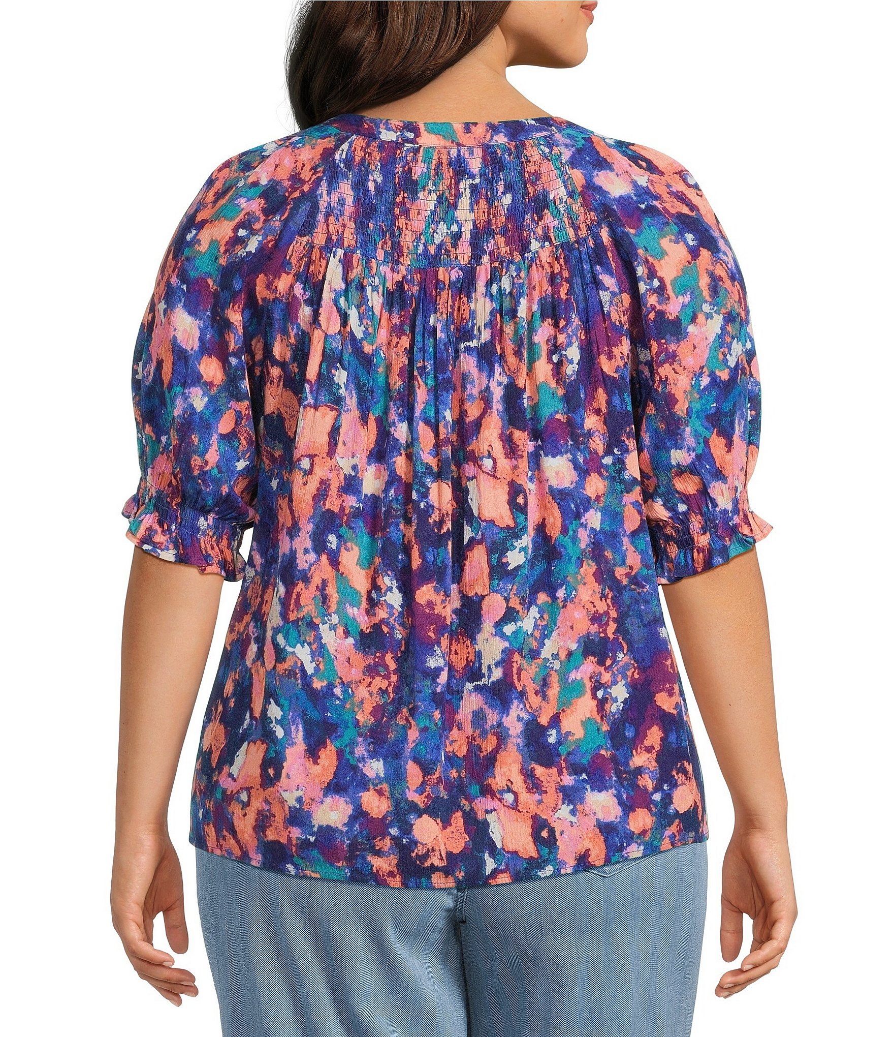 Intro Plus Size Crinkle Gauze Printed Scoop Neck Elbow Sleeve Button-Front Blouse