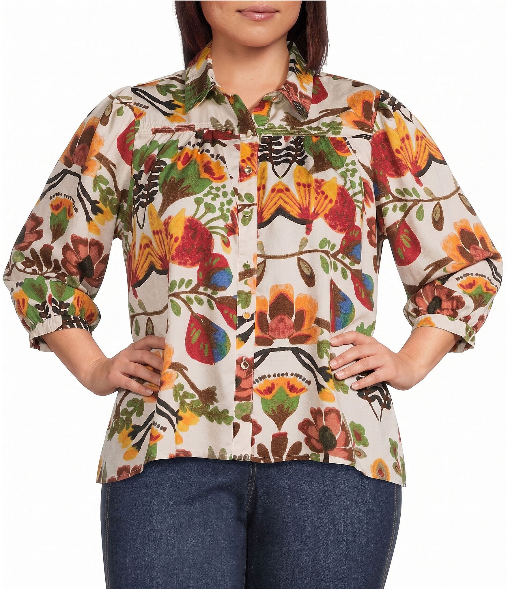 Intro Plus Size Crinkle Woven Printed Point Collar 3/4 Puff Sleeve Button Front Placket Shirt
