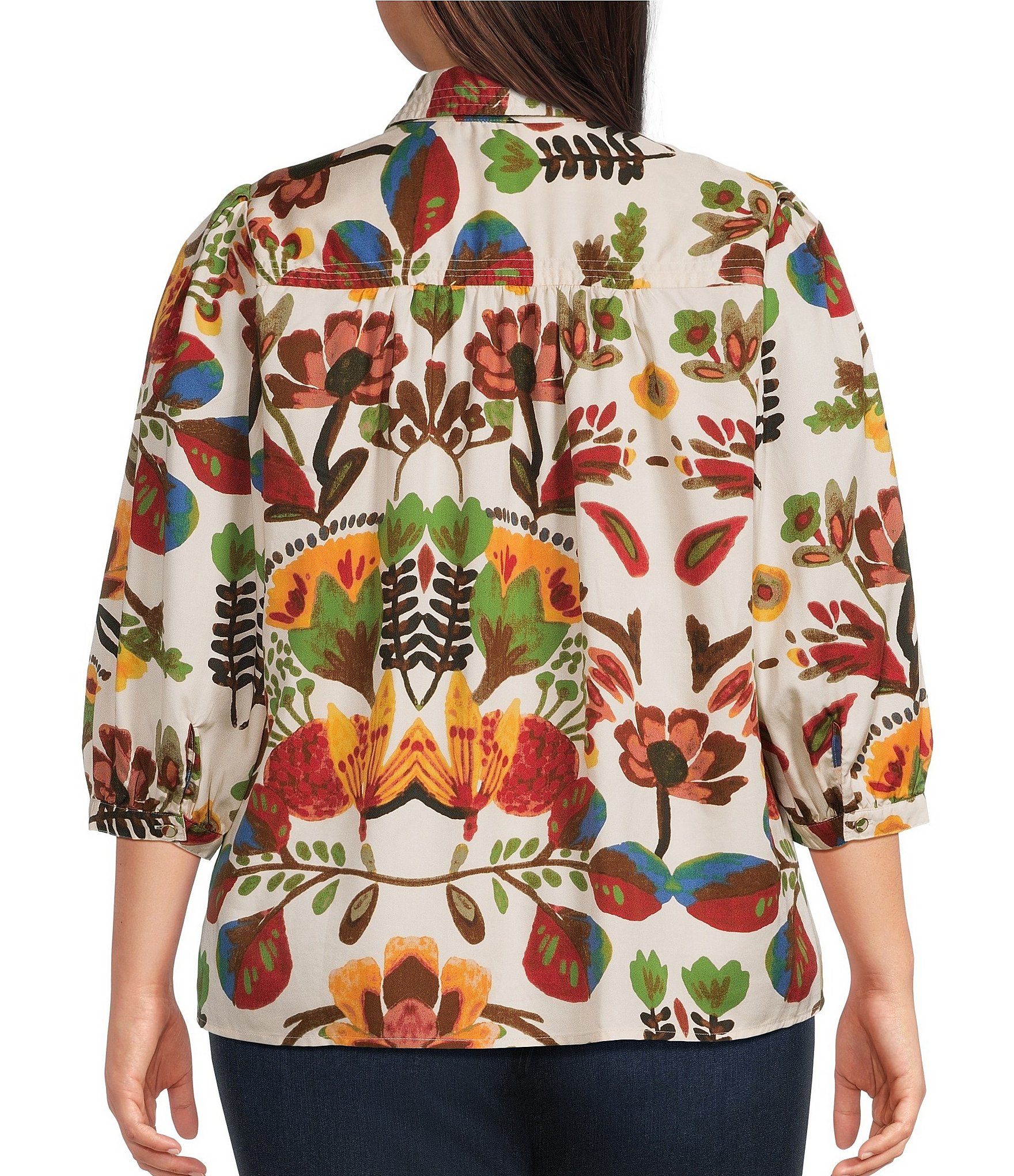 Intro Plus Size Crinkle Woven Printed Point Collar 3/4 Puff Sleeve Button Front Placket Shirt