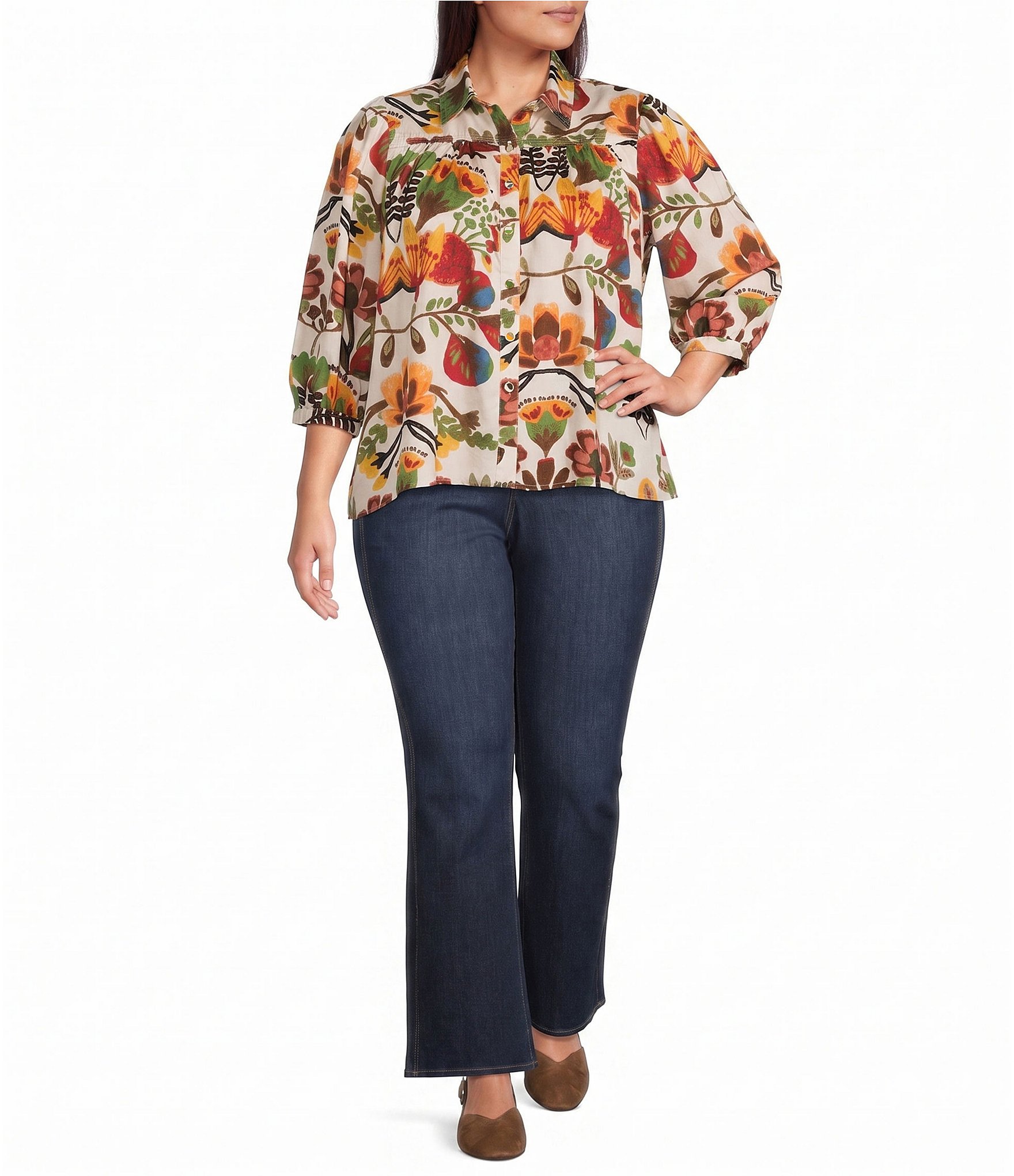 Intro Plus Size Crinkle Woven Printed Point Collar 3/4 Puff Sleeve Button Front Placket Shirt