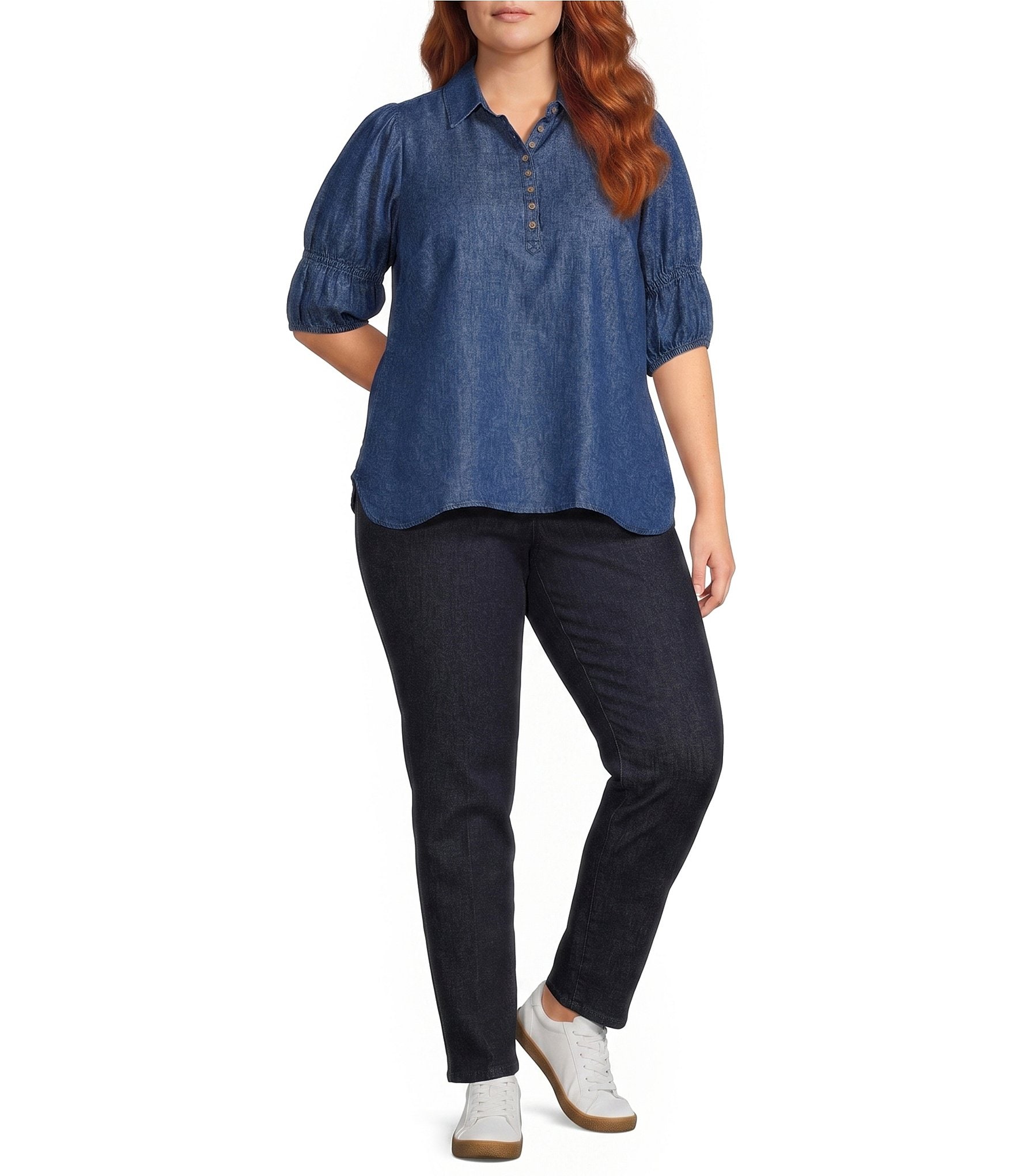 Intro Plus Size Denim Collared Double Puff Elbow Length Sleeve Half Placket Top
