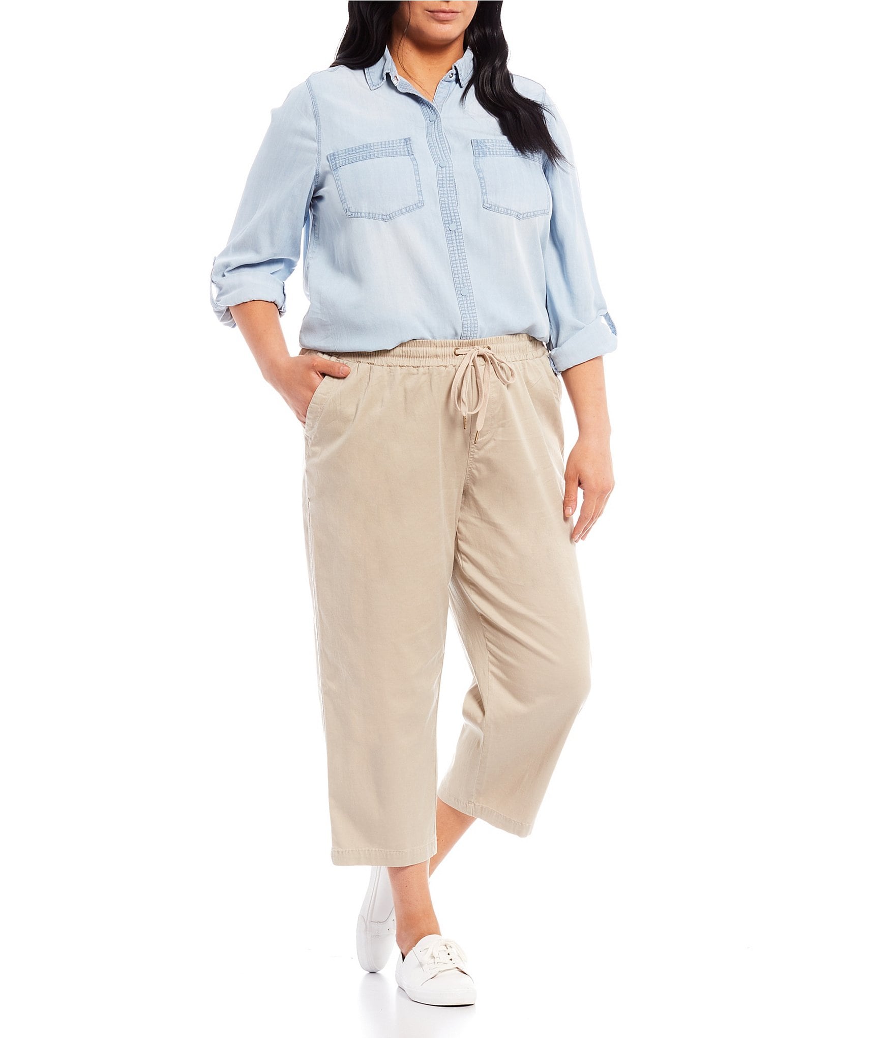 Intro Plus Size Knit Denim Wash Schiffli Straight Leg Hem Pull-On Pants