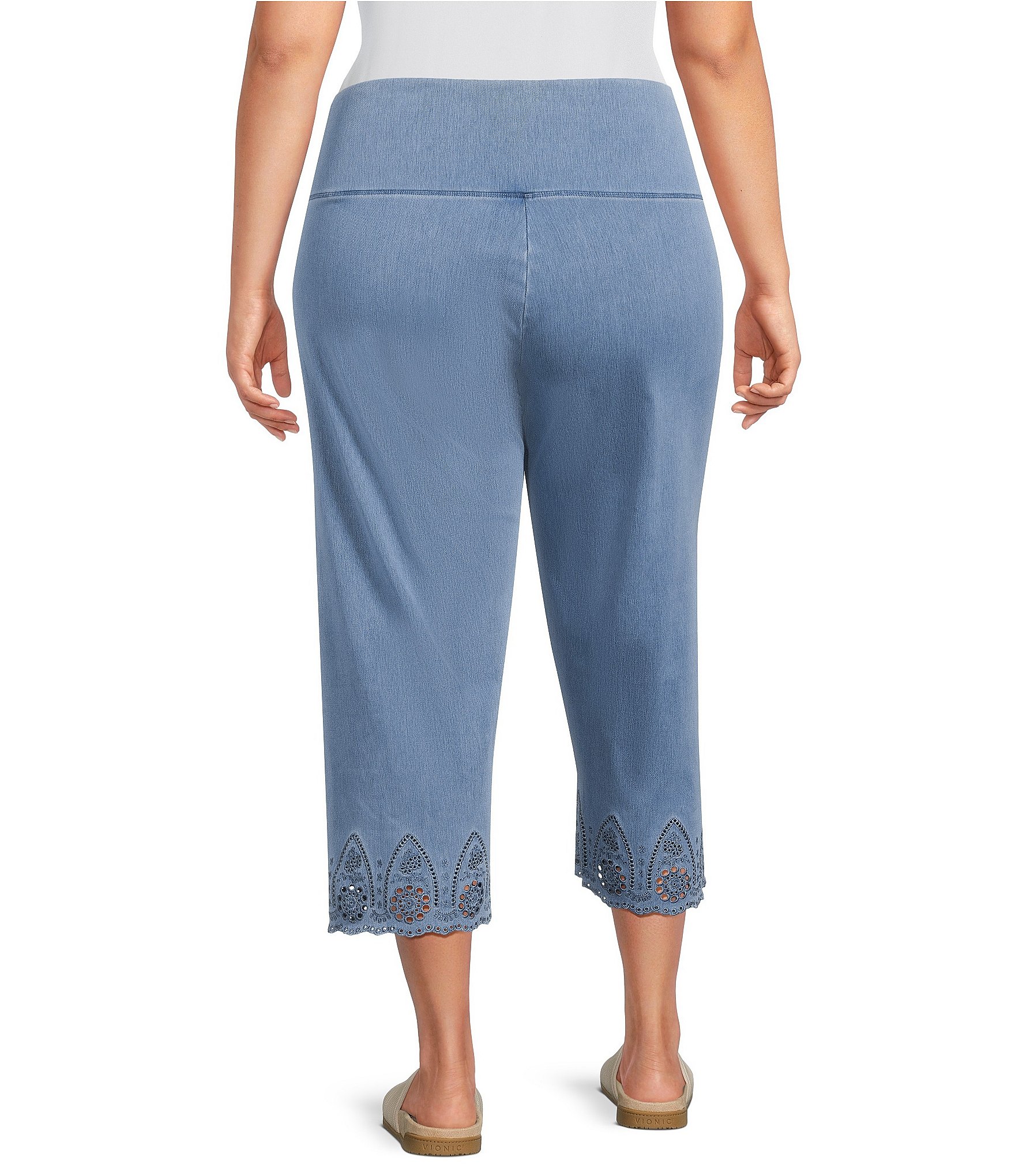 Intro Plus Size Knit Denim Wash Schiffli Straight Leg Hem Pull-On Pants