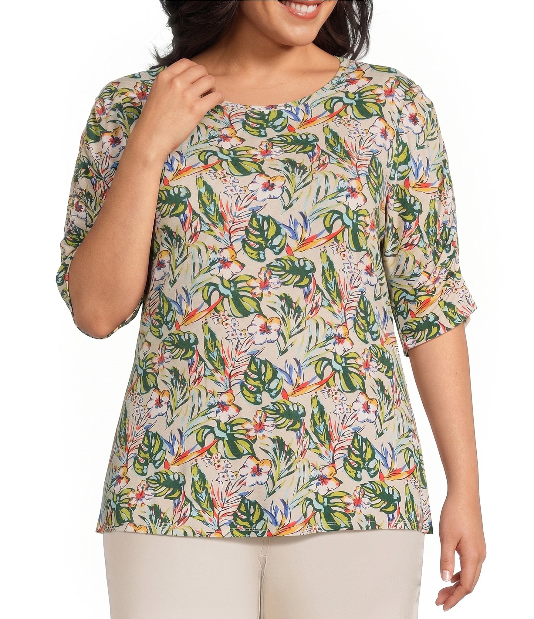 Intro Plus Size Knit Jersey Doeskin Crew Neck Elbow Ruched Sleeve Top