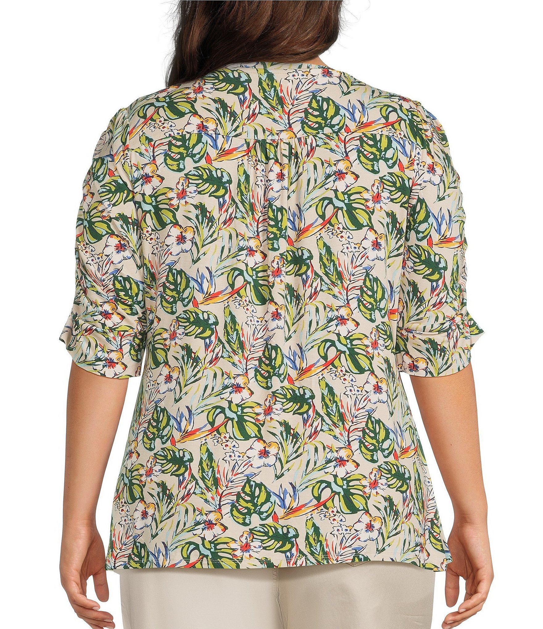 Intro Plus Size Knit Jersey Doeskin Crew Neck Elbow Ruched Sleeve Top