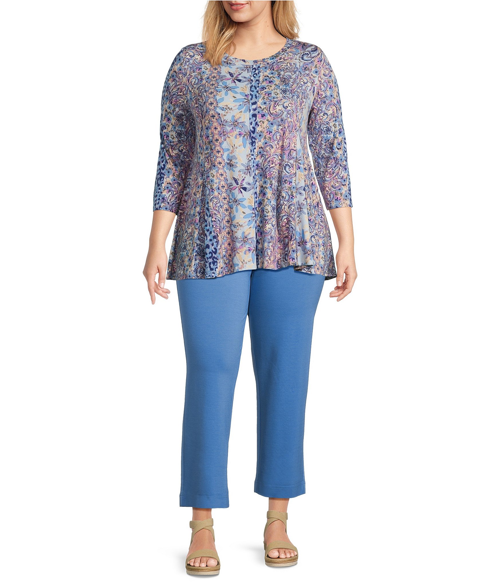 Intro Plus Size Multi Print Knit Jersey Scoop Neck 3/4 Sleeve Flare Hem Top