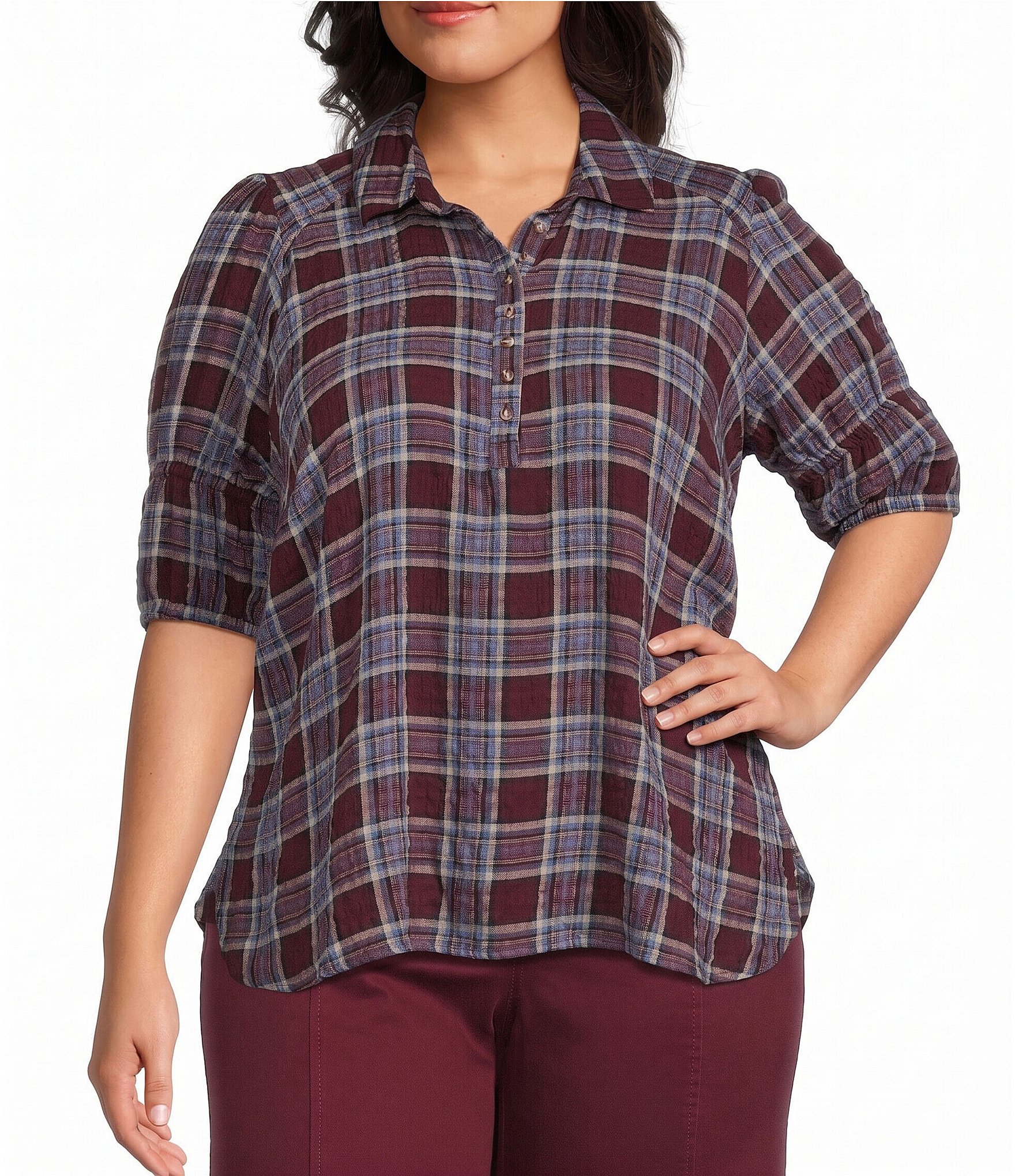 Intro Plus Size Plaid Collared Double Puff Elbow Length Sleeve Half Placket Top