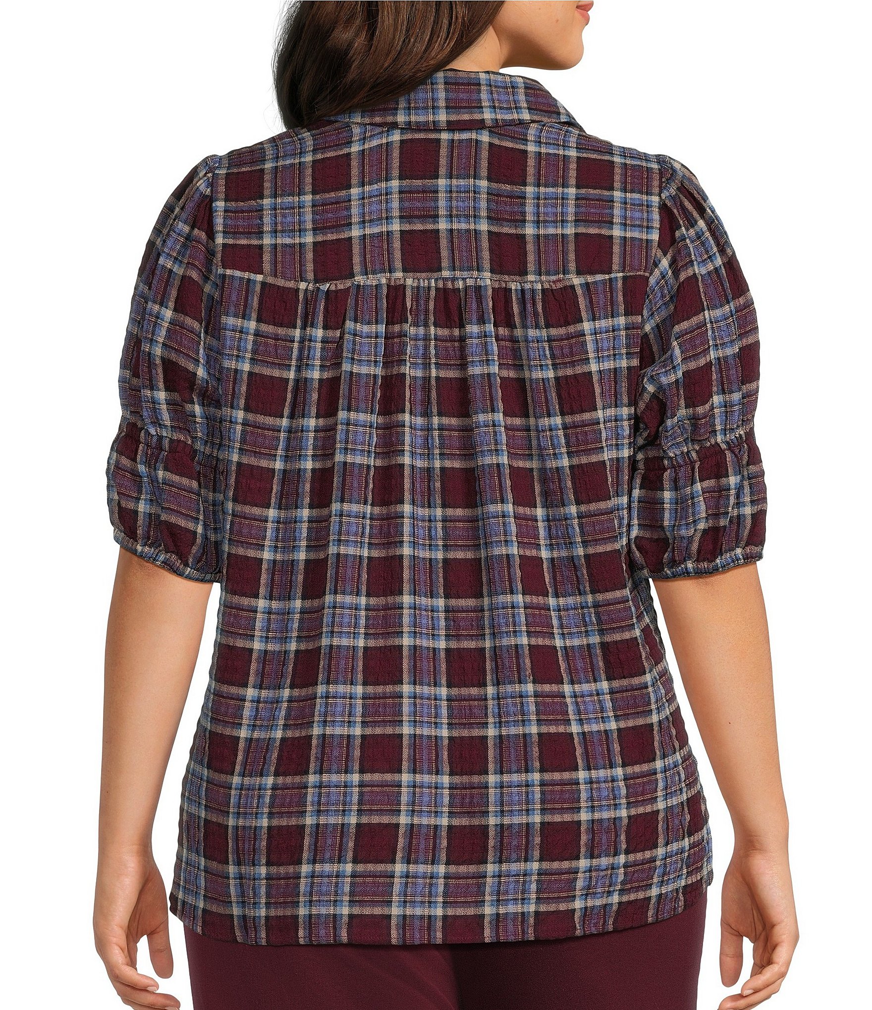 Intro Plus Size Plaid Collared Double Puff Elbow Length Sleeve Half Placket Top